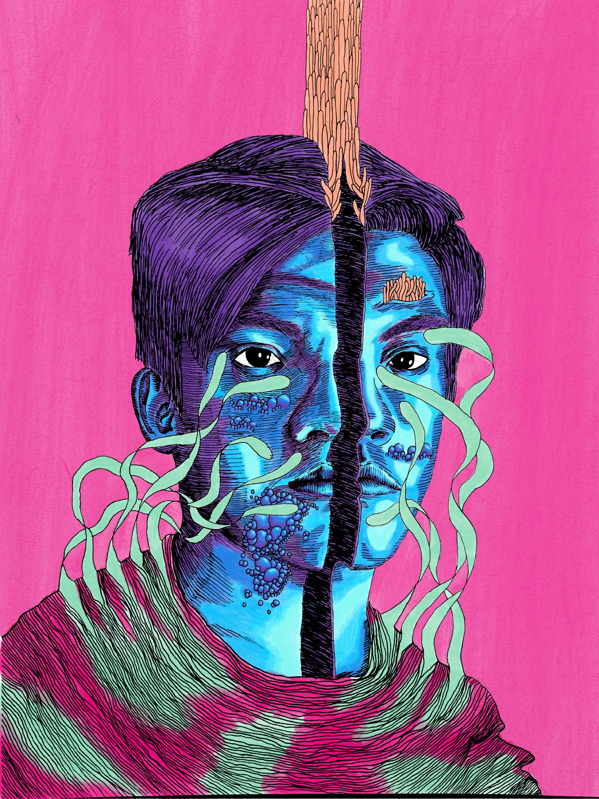 A portrait split down the middle by a vertical brown band: the face is painted in blue and purple against a hot pink ground, with pale green tendrils curling from the cheek and a green and pink hatched collar below.