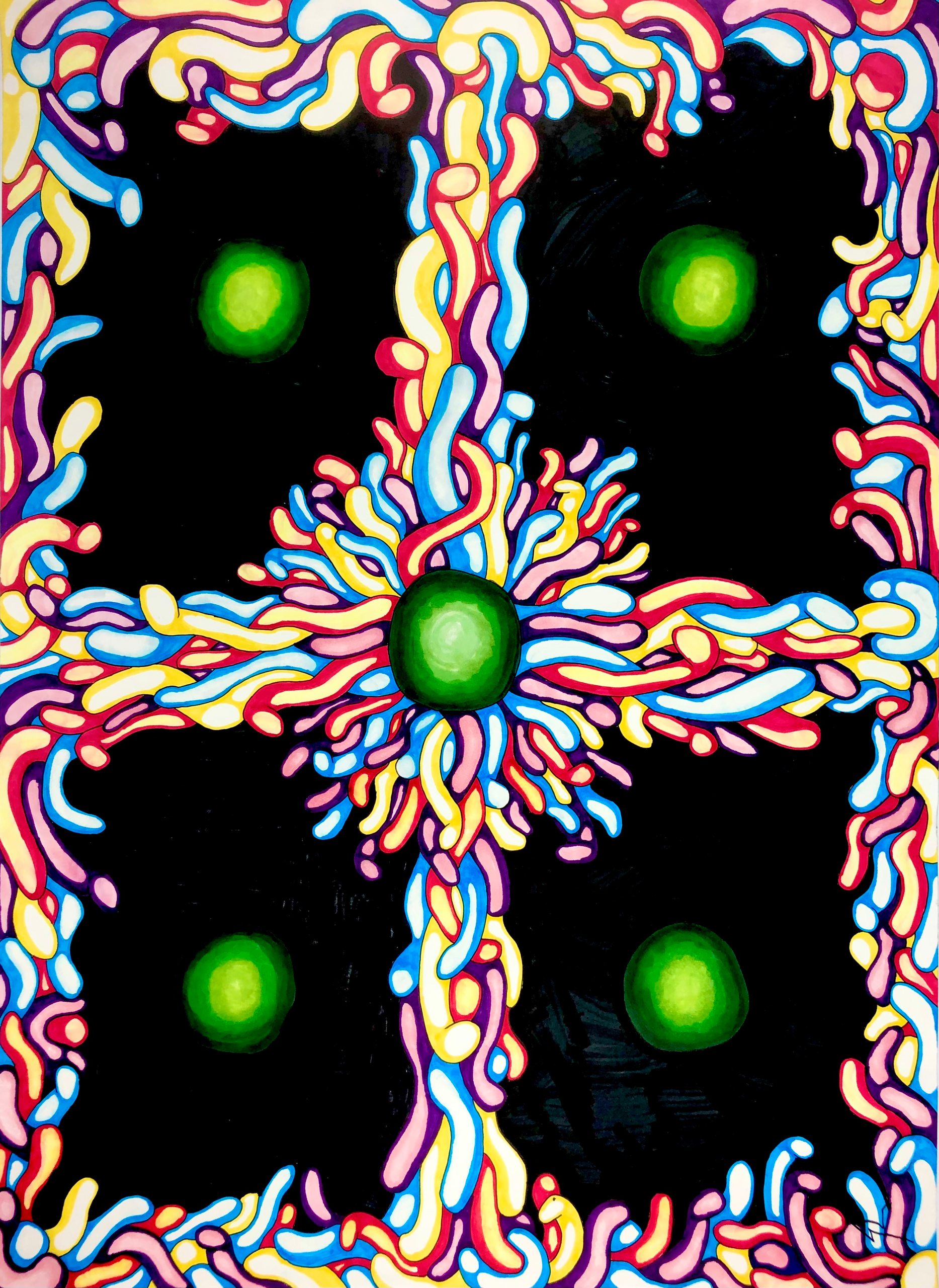 A symmetrical pattern on black: neon red, yellow, blue and white squiggles radiate in a cross from a central glowing green orb, with four more green orbs in the corners.