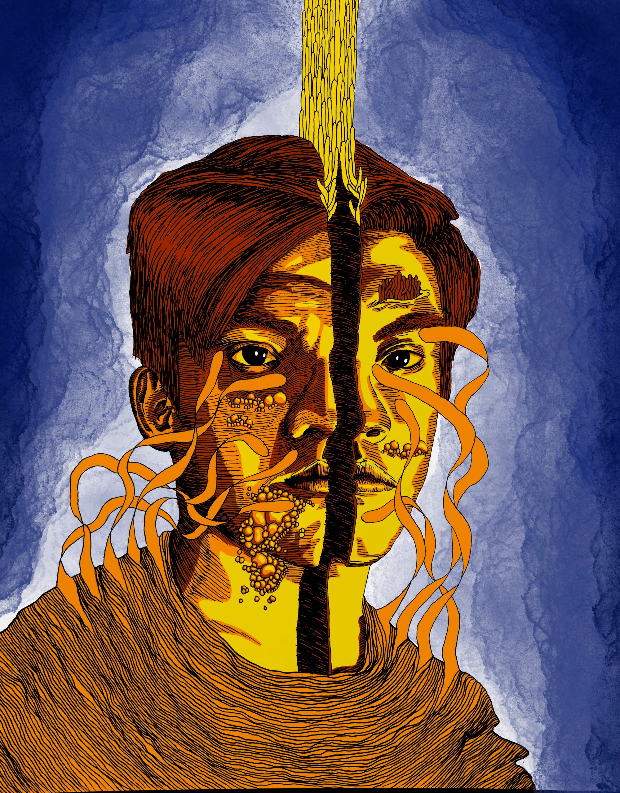 The split portrait in a warm colourway: an orange and yellow face against a deep blue mottled ground, with orange tendrils curling from the cheek and a hatched ochre collar.