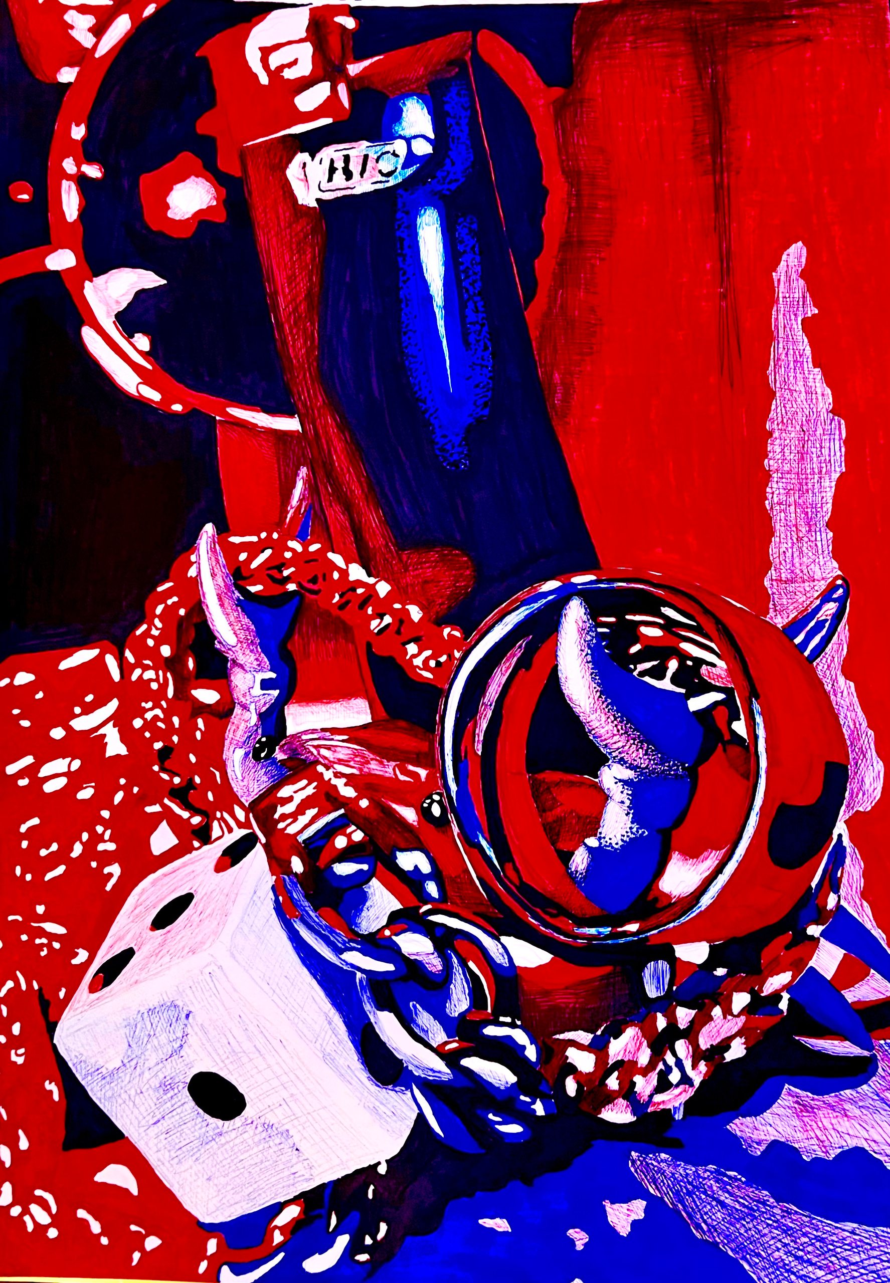 A still life drawn in saturated red, blue and purple: a white die, a looped chain, a patterned bandana and a glass sphere with an eye visible inside it.