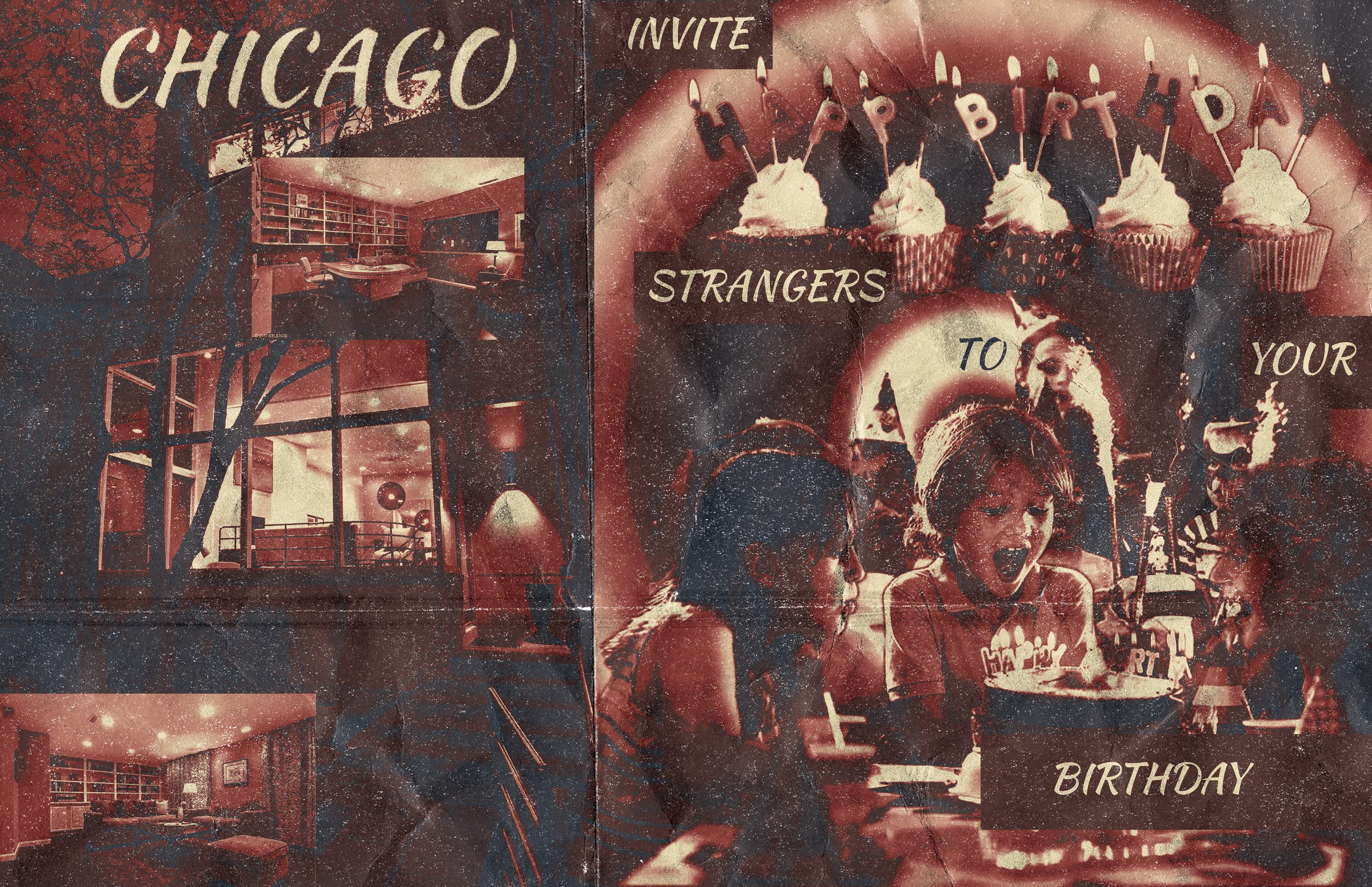 A spread headed “CHICAGO” and “INVITE STRANGERS TO YOUR BIRTHDAY”, collaging a bunk-bed room and a photograph of a person behind a row of candlelit cupcakes, in deep red and blue duotone.