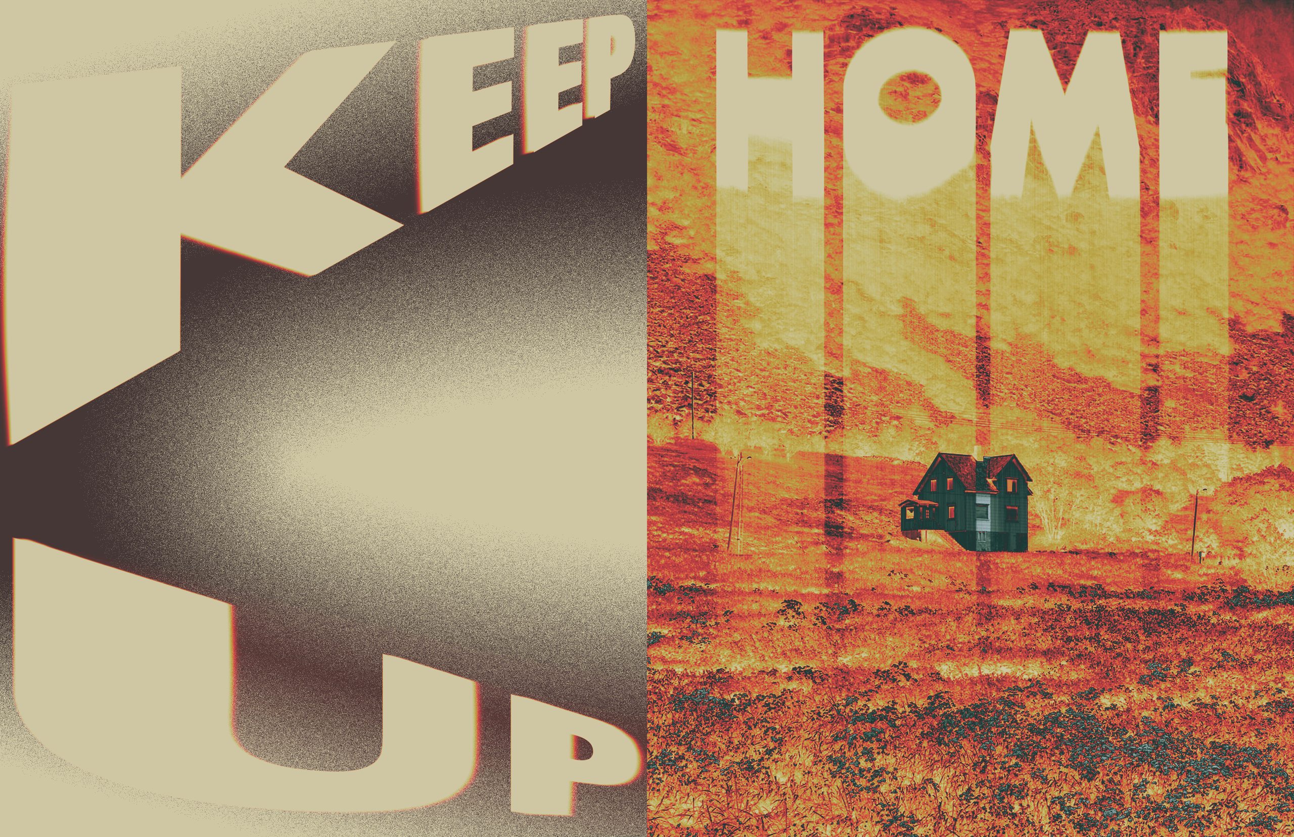 A zine cover split in two: oversized cream letters spelling “KEEP UP” with long drop shadows on the left, and a grainy orange and red halftone landscape on the right overprinted with the letters “HOMI”.