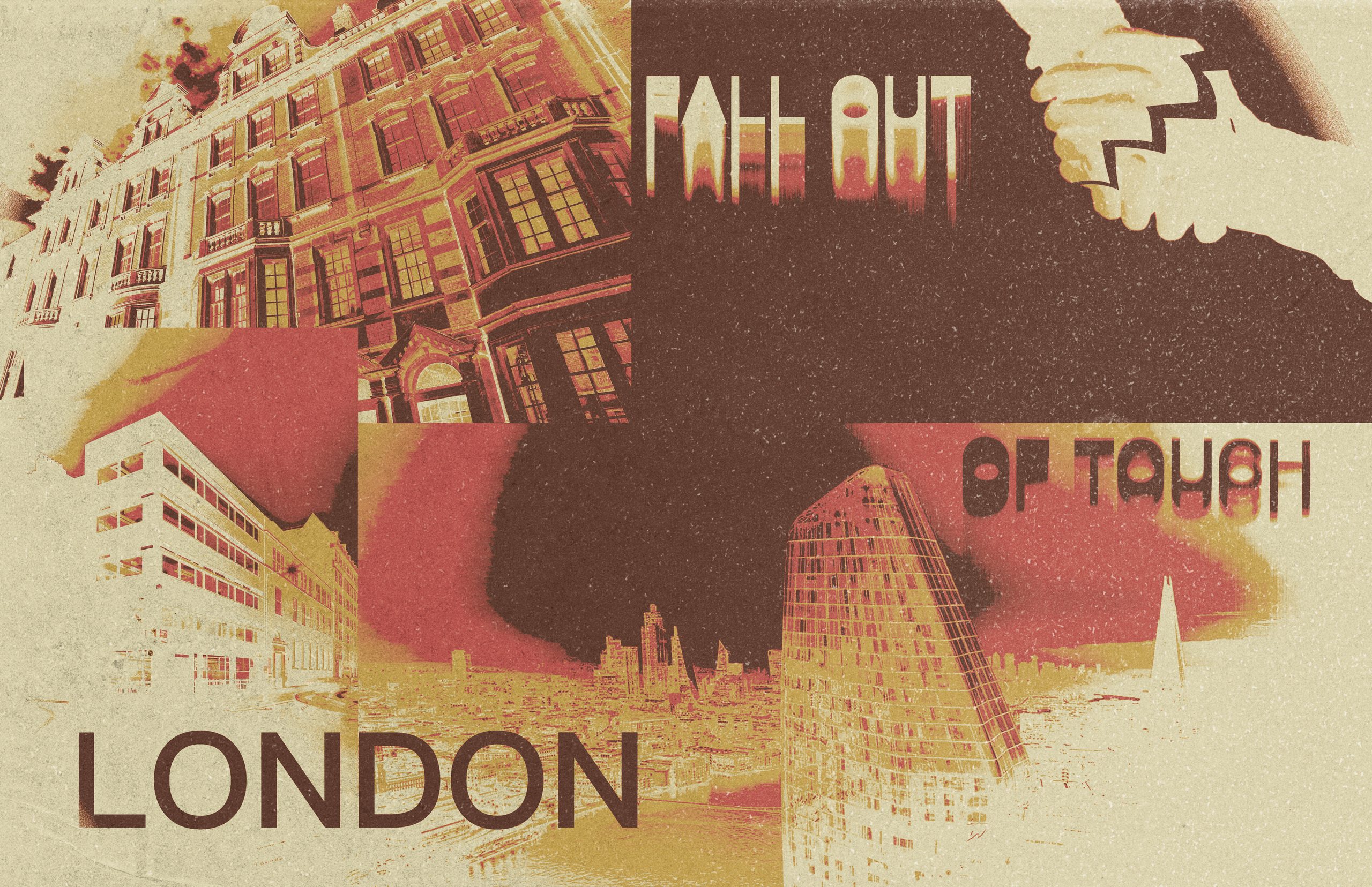 A spread headed “LONDON” and “FALL OUT OF TOUCH”, collaging terraced building façades and a reaching hand in cream, red and brown.