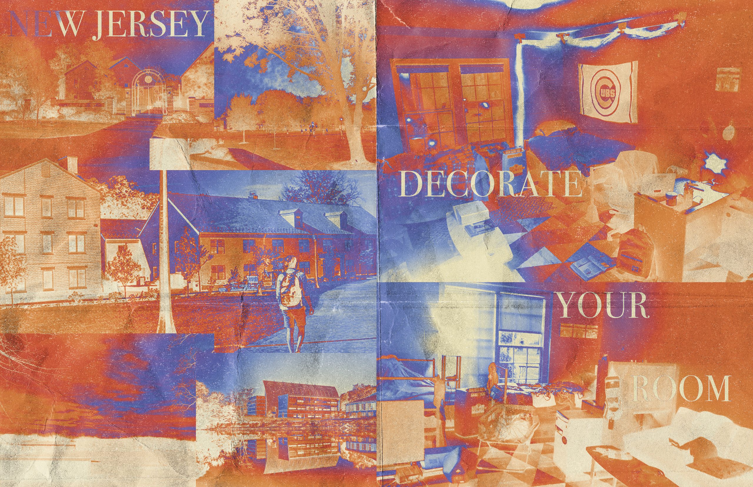A spread headed “NEW JERSEY” and “DECORATE YOUR ROOM”, collaging street and interior photographs in clashing orange and blue duotone.