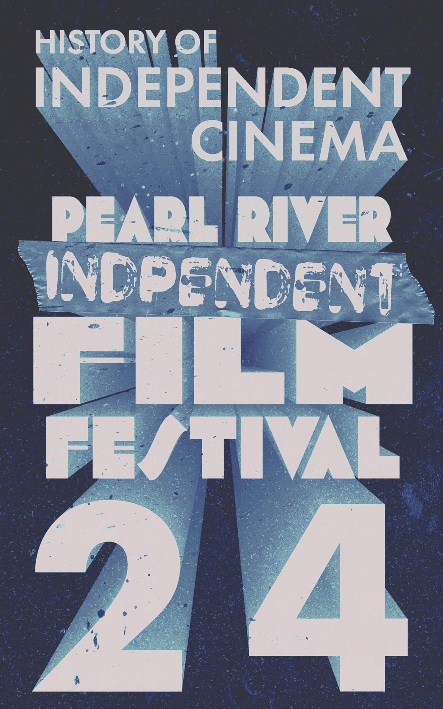 The programme booklet cover: “HISTORY OF INDEPENDENT CINEMA” above the Pearl River Independent Film Festival lockup and a large 2024, in bleached blue duotone.