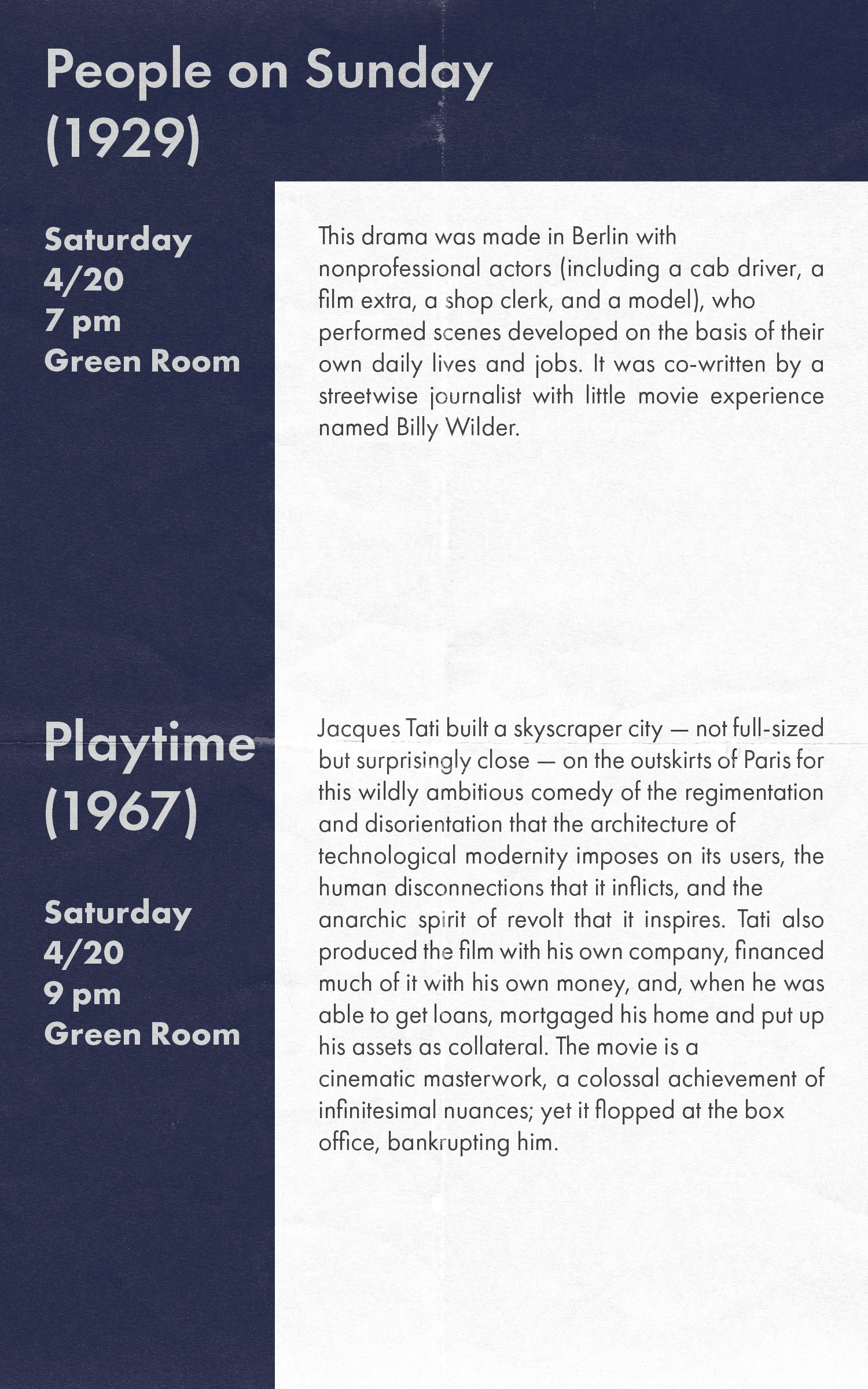 A booklet spread listing two screenings — People on Sunday (1929) in the Green Room on Saturday 4/20 at 7pm, and Playtime (1967) in the Green Room at 9pm — with a paragraph of programme notes beside each.