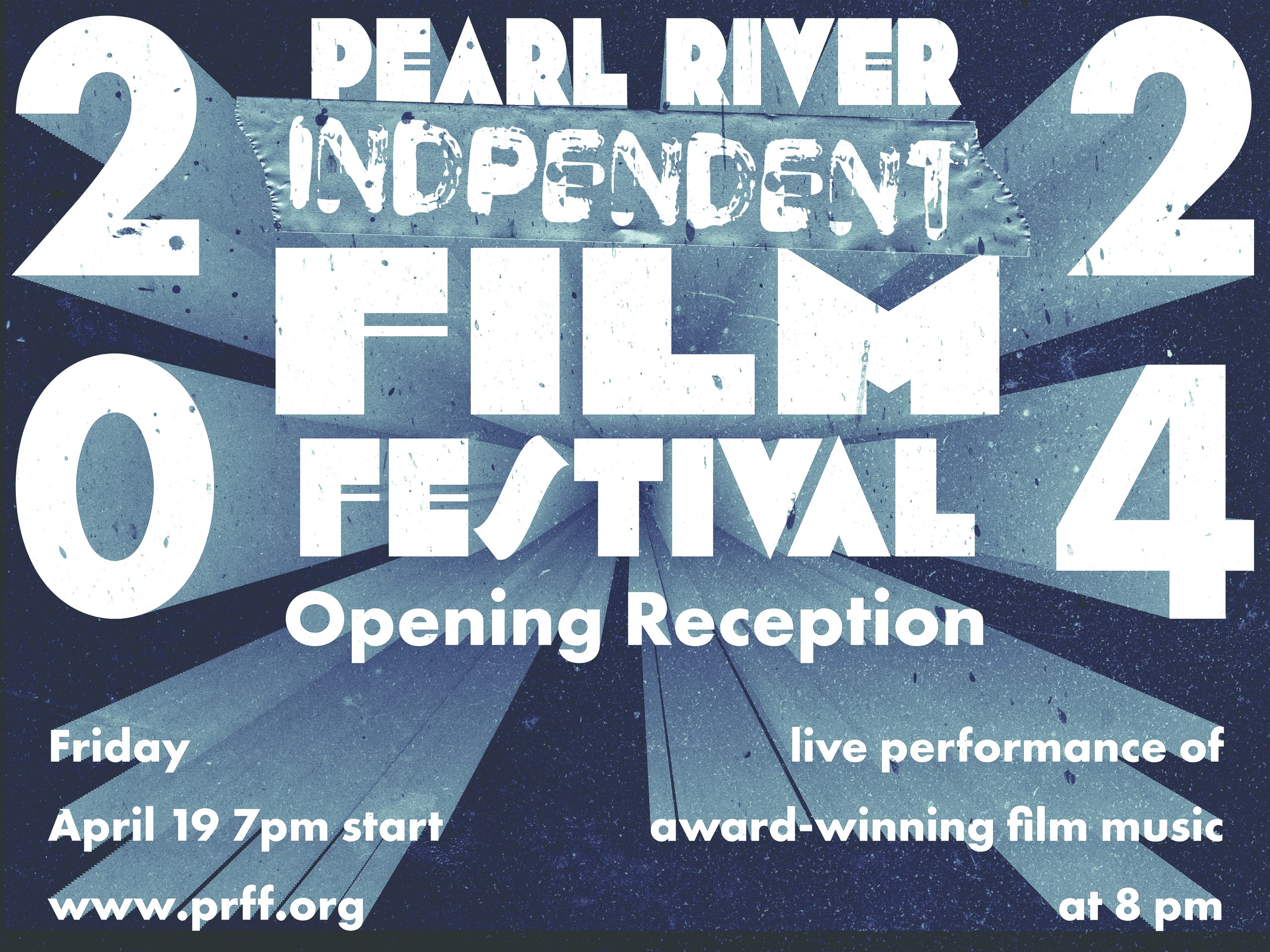 The front of the opening-reception postcard: the 2024 festival lockup above “Opening Reception — Friday April 19 7pm start”, a live performance of award-winning film music at 8pm, and www.prff.org.