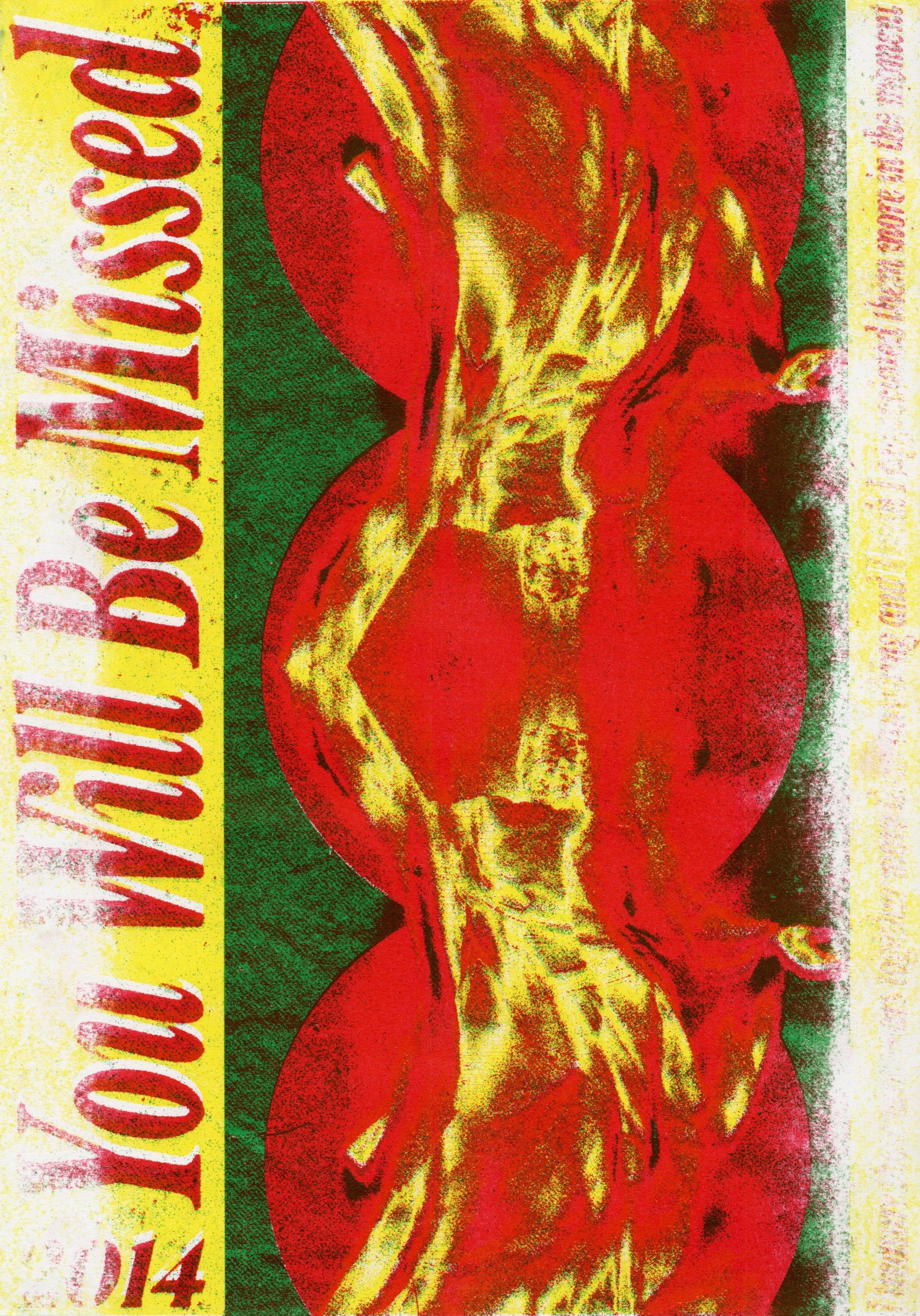 The same “You Will Be Missed” poster in a red, yellow and green colourway, the figure printed in red over yellow circles on a dark green ground.