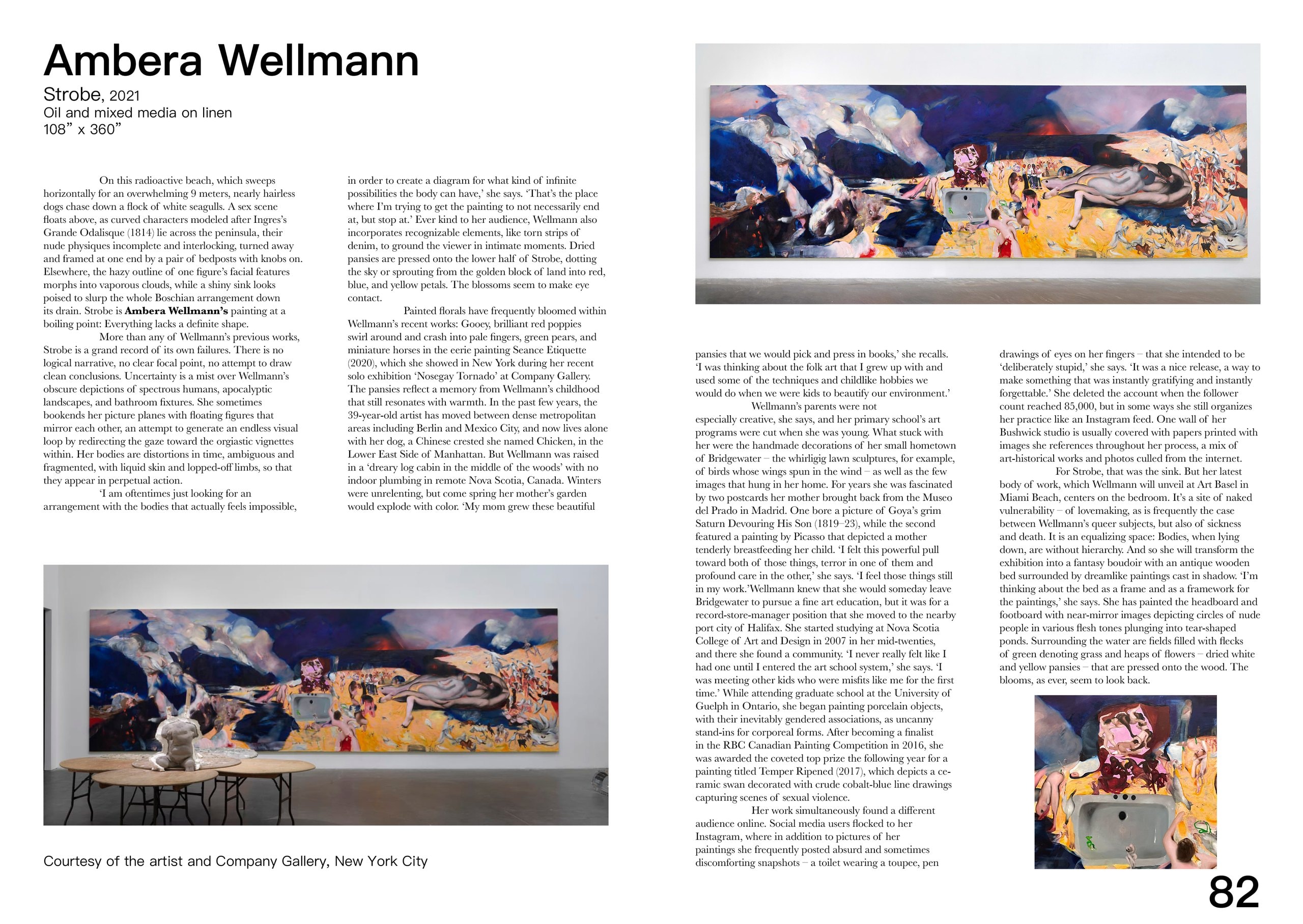 The Ambera Wellmann spread, page 82: “Strobe” (2021), a nine-metre oil painting of tangled nude figures in blue, yellow and pink shown hung above a low table and again full-width at the top, with four columns on the painting and a detail of the sink at its centre.