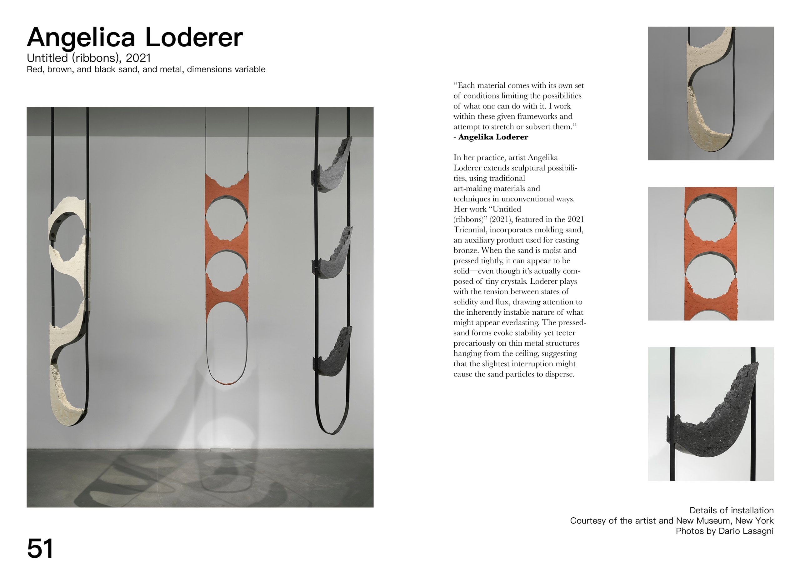 The Angelica Loderer spread, page 51: “Untitled (ribbons)” (2021), three pressed-sand ribbons in cream, terracotta and black balanced in thin metal loops hanging from the ceiling, with three detail photographs stacked down the right edge.