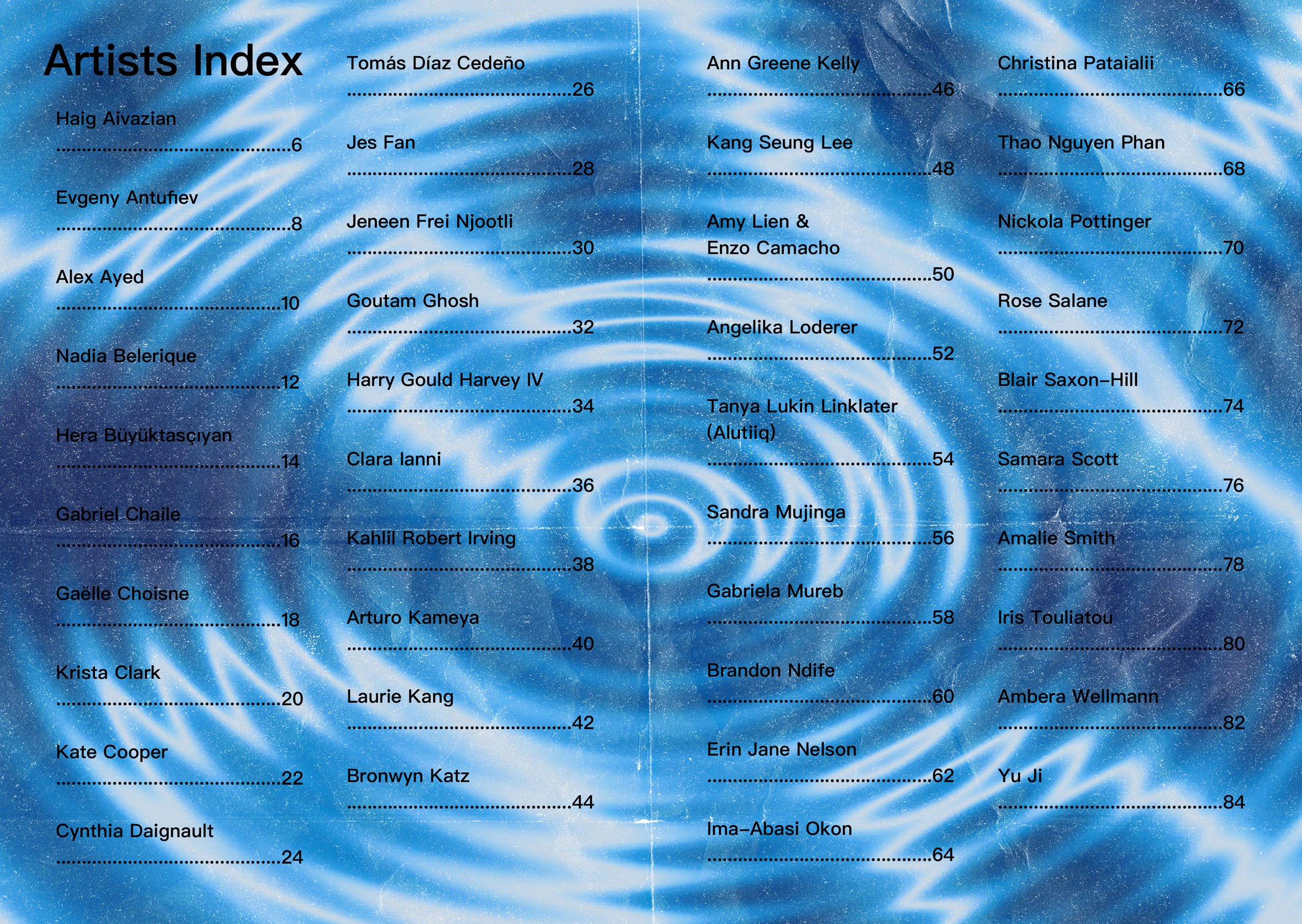 The catalogue’s Artists Index spread: three columns of artist names with page numbers, set in white over a rippling blue water pattern.