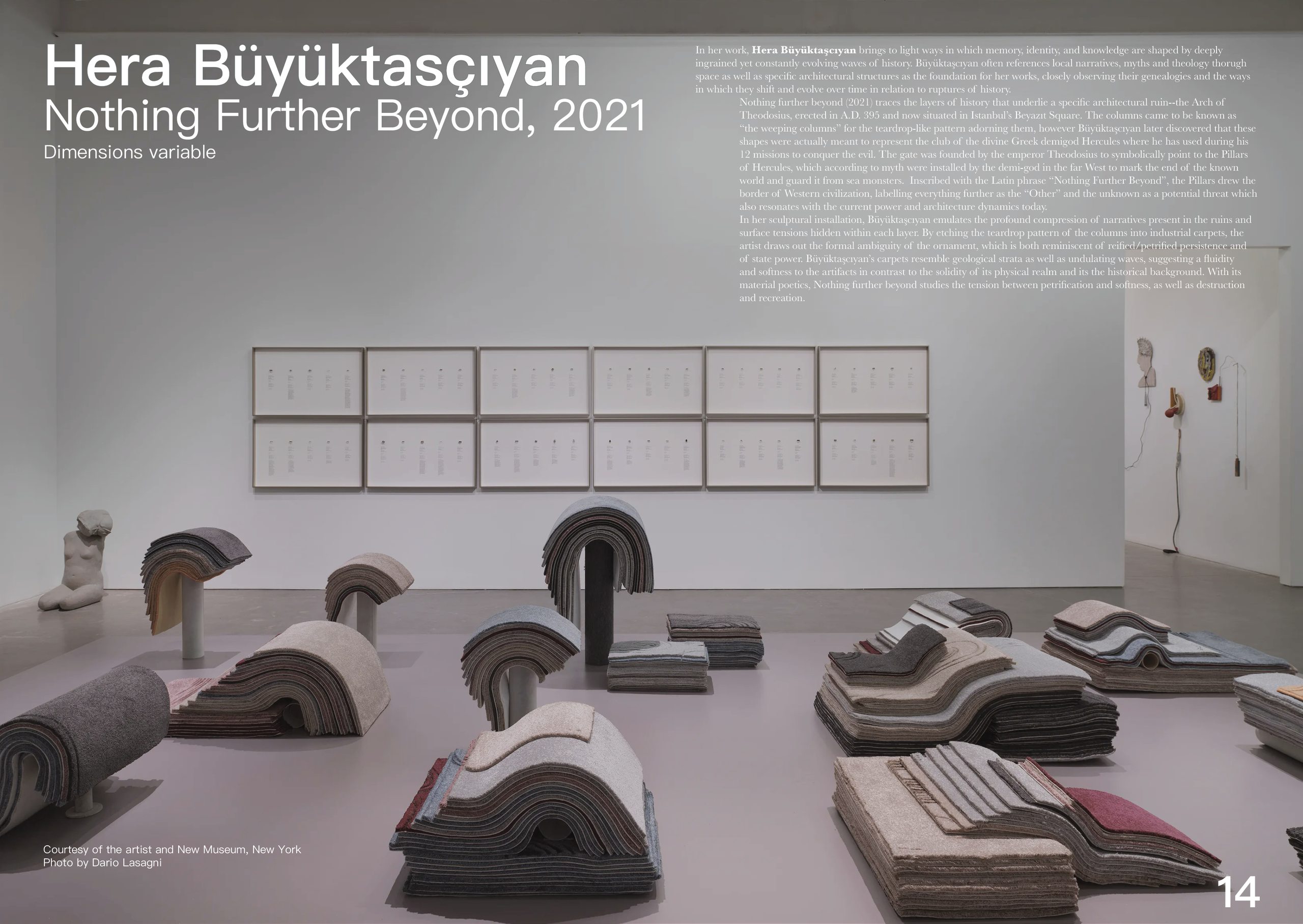 A catalogue spread for Hera Büyüktasçıyan’s “Nothing Further Beyond, 2021”, showing an installation of rolled and stacked carpets arranged on a gallery floor beneath a grid of framed works.