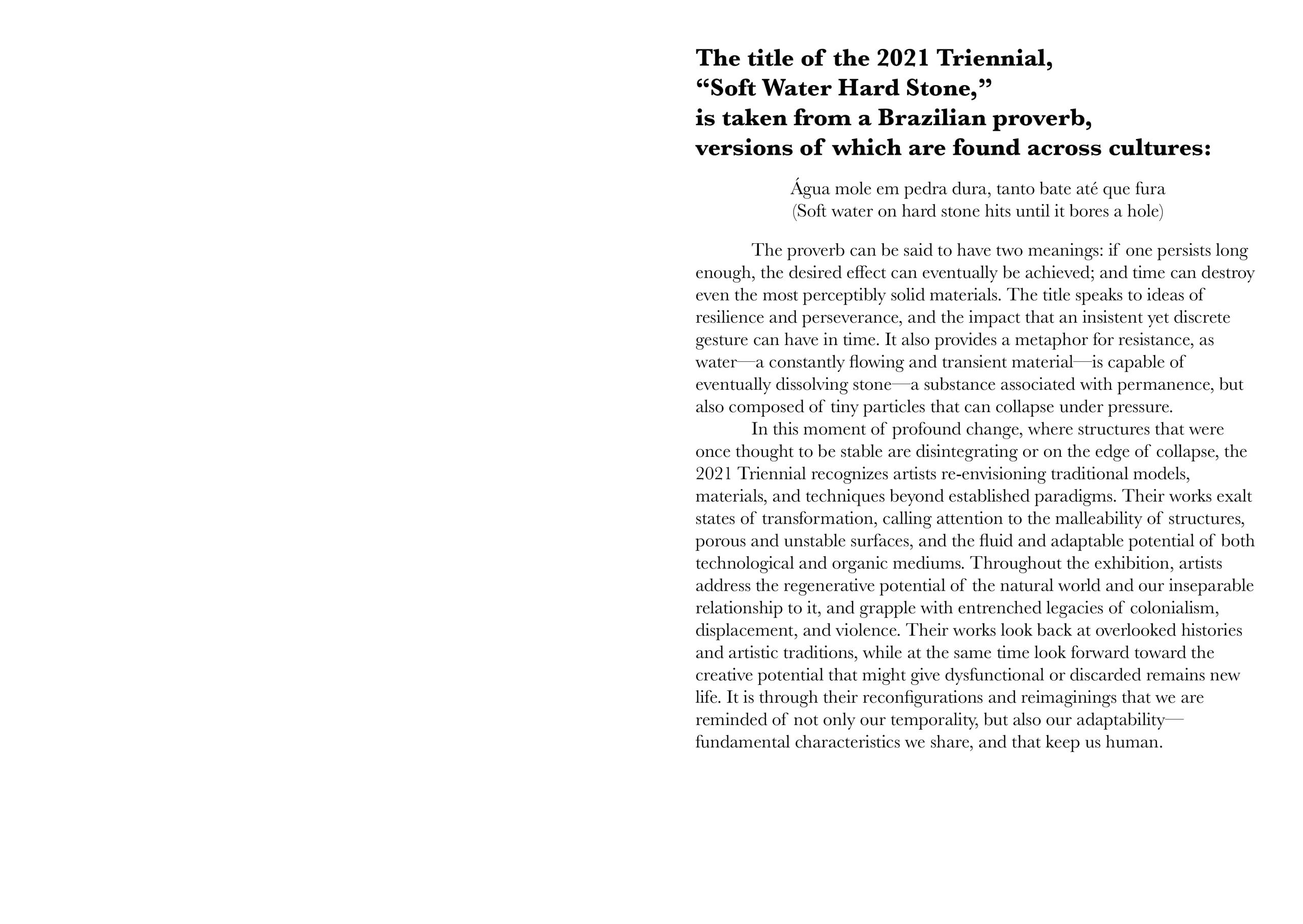 An introductory catalogue spread explaining that the title of the 2021 Triennial is taken from a Brazilian proverb — “Água mole em pedra dura, tanto bate até que fura” — with the essay text set in a single justified column on the right.