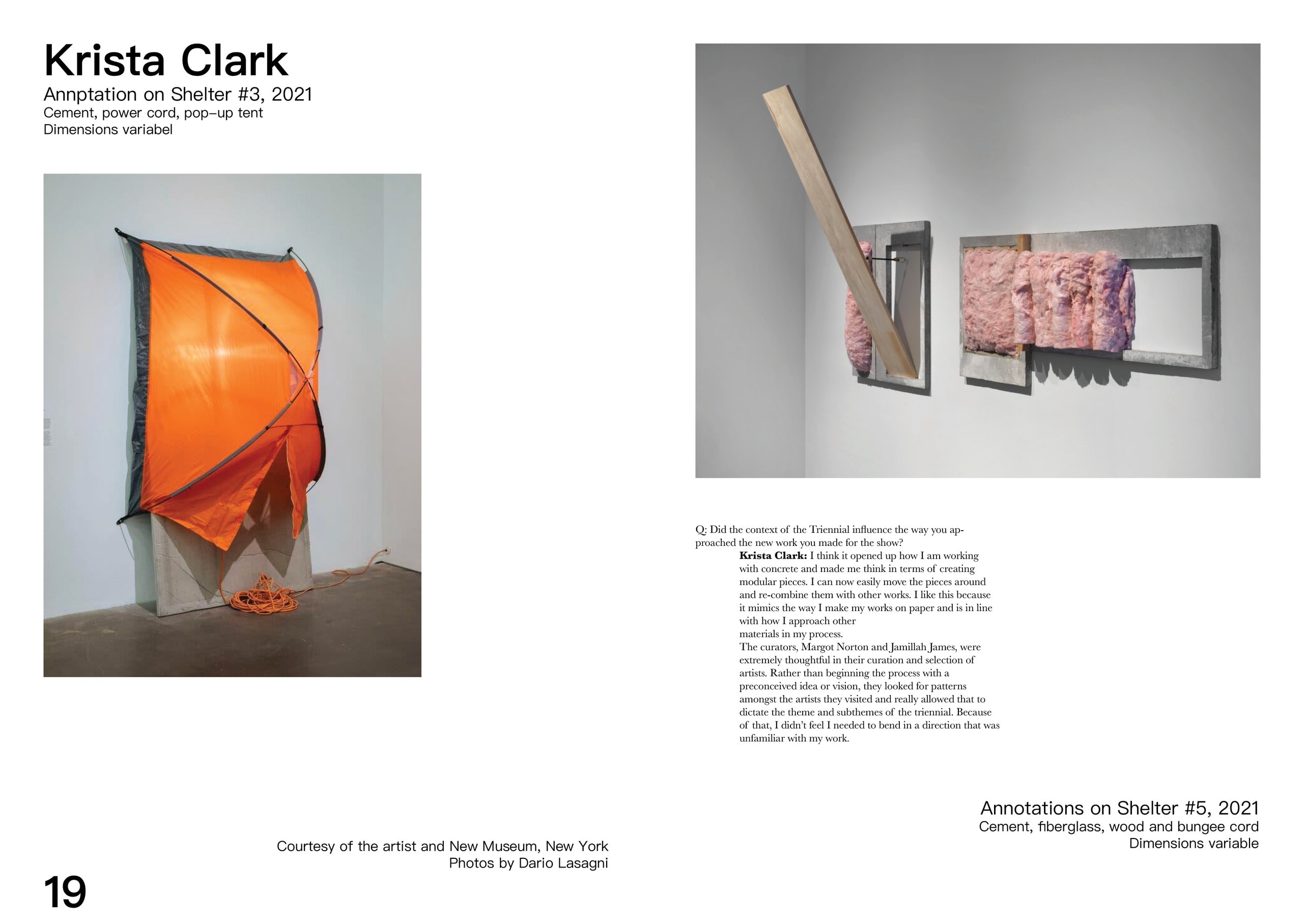 The Krista Clark spread, page 19: “Annptation on Shelter #3” (2021), an orange pop-up tent collapsed over a cement block with its power cord coiled on the floor, above a photograph of “Annotations on Shelter #5” in cement, fibreglass and pink insulation, and a Q&A with the artist.