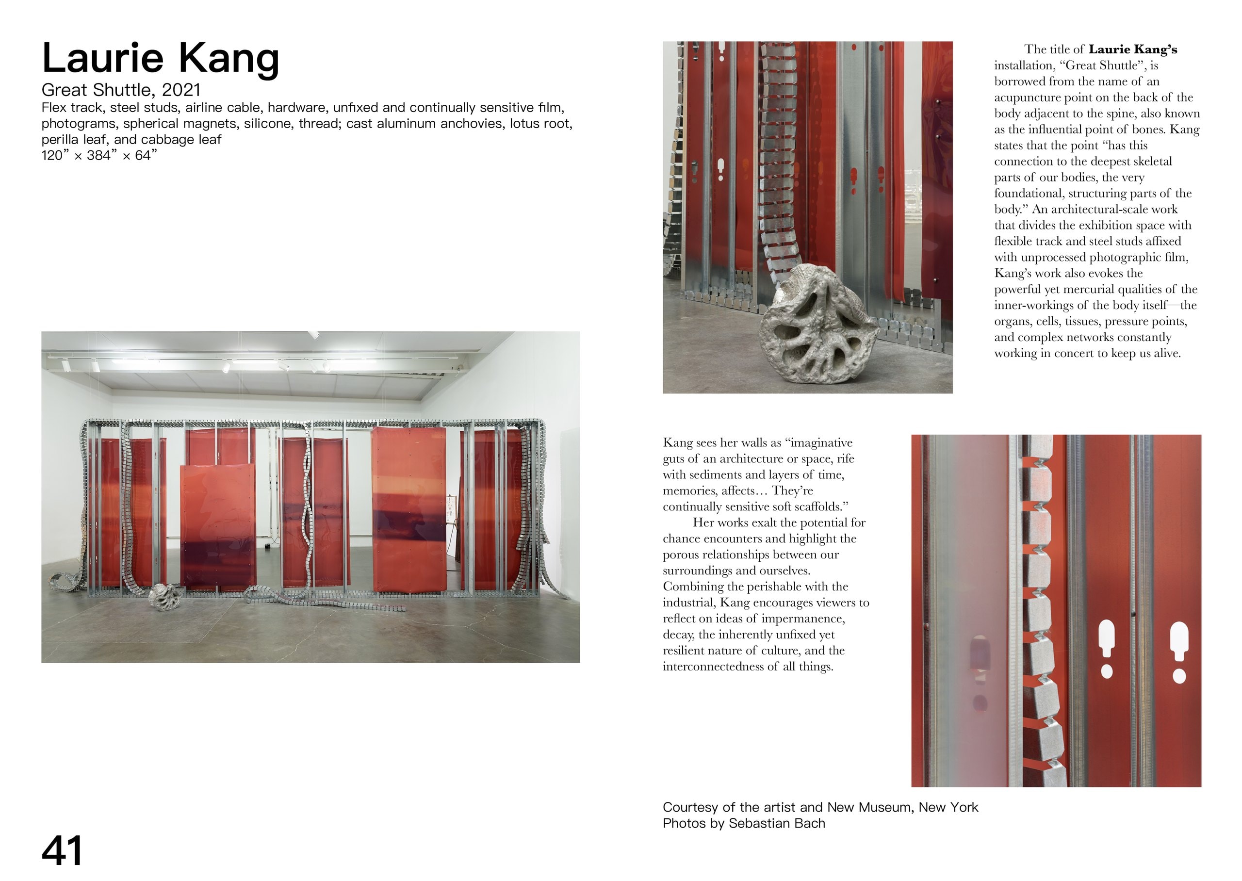 The Laurie Kang spread, page 41: “Great Shuttle” (2021), red translucent film panels held upright in steel studs across a gallery, with two detail photographs and an essay on the acupuncture point the title borrows its name from.