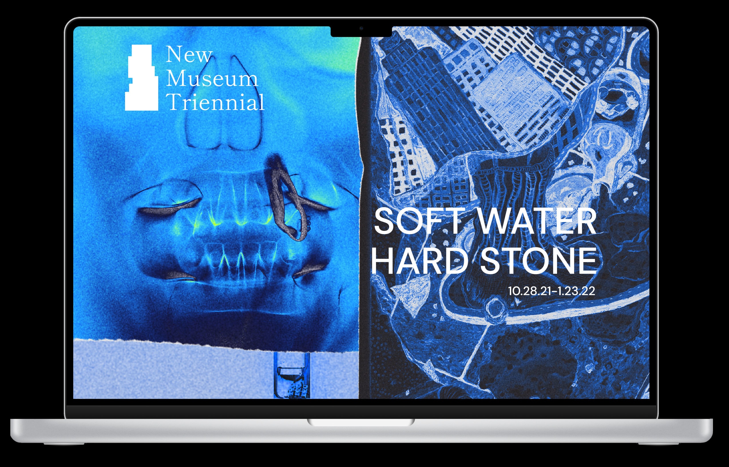 A laptop mockup of the exhibition website: the New Museum Triennial identity on a blue image panel at the left and “SOFT WATER HARD STONE, 10.28.21–1.23.22” in white type over a dark blue collage on the right.