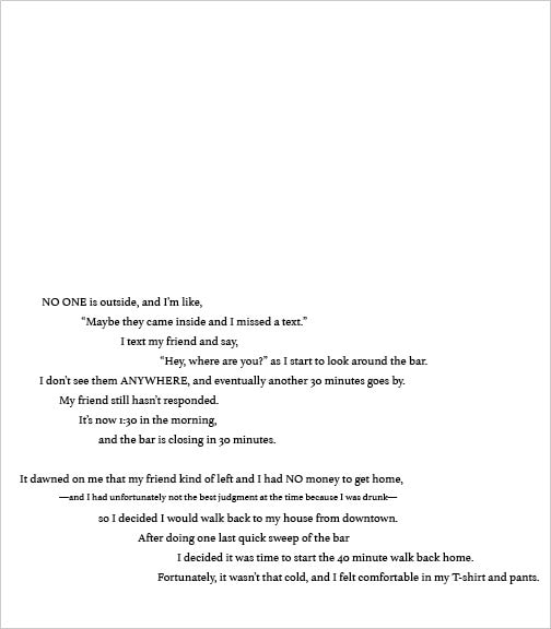 A page beginning “NO ONE is outside, and I’m like”, running through unanswered texts, the bar closing in thirty minutes, and the decision to start the forty-minute walk home.