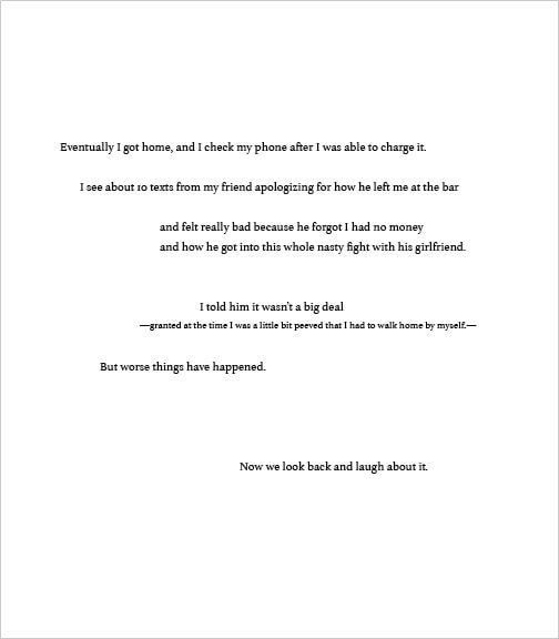 The closing page: ten apologetic texts waiting at home, the narrator telling the friend it wasn’t a big deal, and the last line set alone — “Now we look back and laugh about it.”