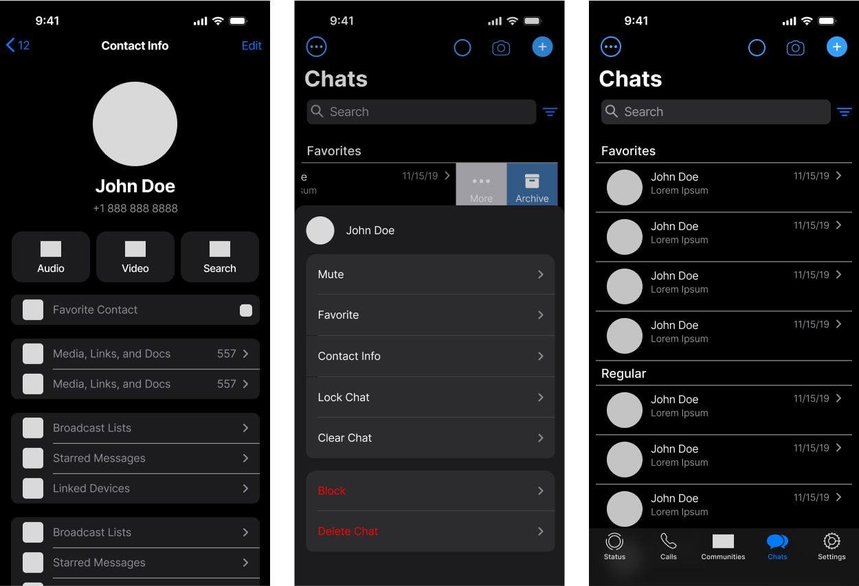 Three dark-mode iOS screens side by side: a Contact Info page for “John Doe” with Audio, Video and Search buttons over a list of chat settings, and two Chats lists split into Favorites and Regular sections.