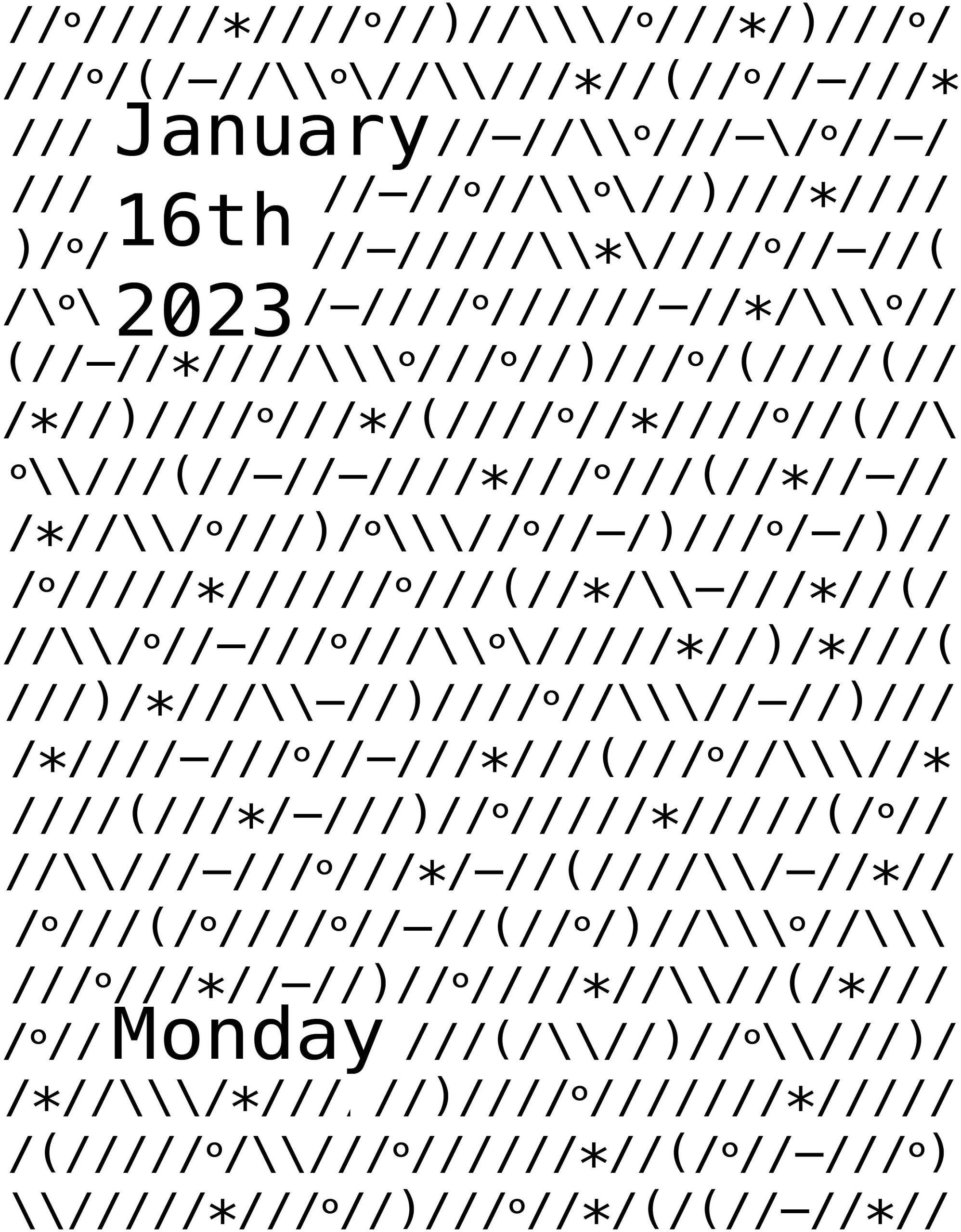 A zine cover built entirely from ASCII characters — slashes, degree signs and asterisks — arranged into a dense texture, with “January 16th 2023” and “Monday” set in plain monospace within it.