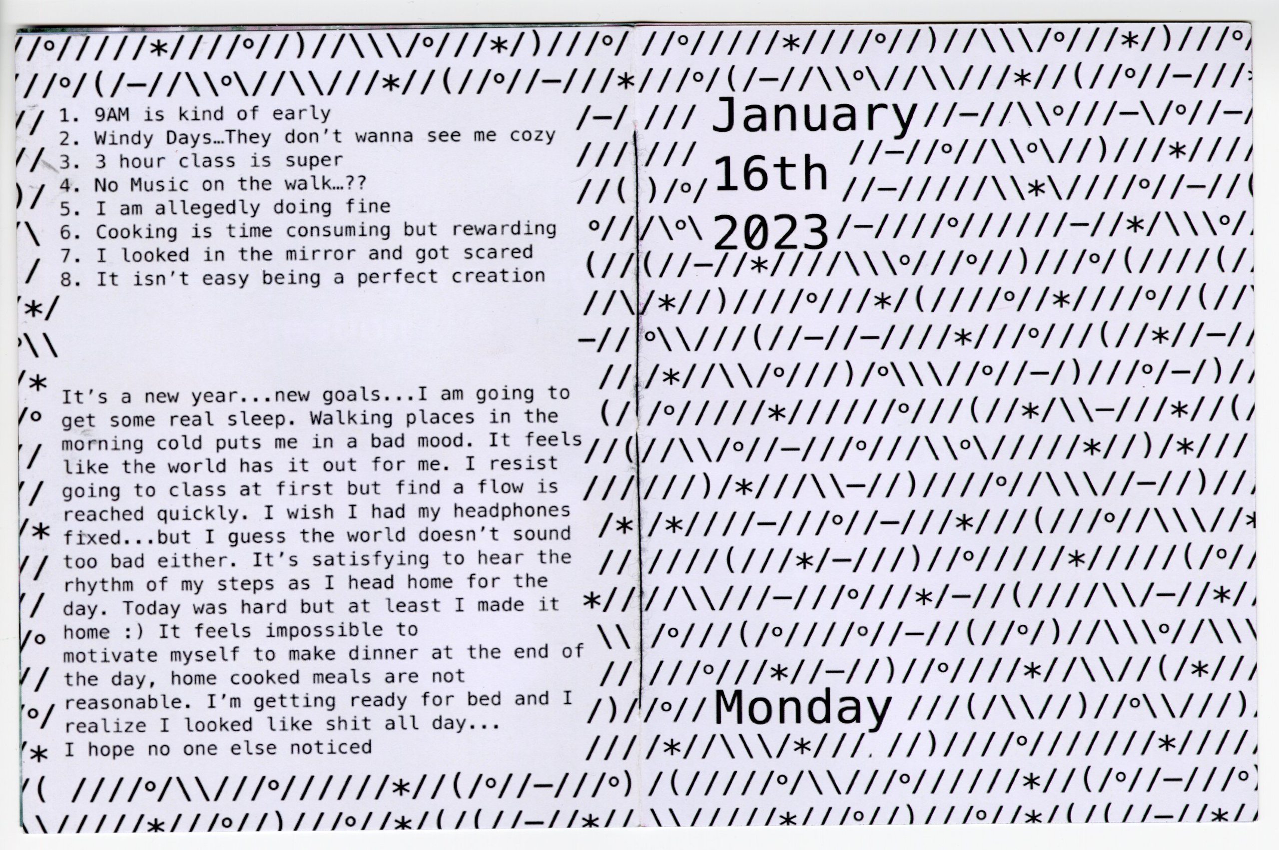 A photograph of the printed zine opened flat, showing the ASCII contents page listing the eight spreads beside the ASCII title page dated January 16th 2023.