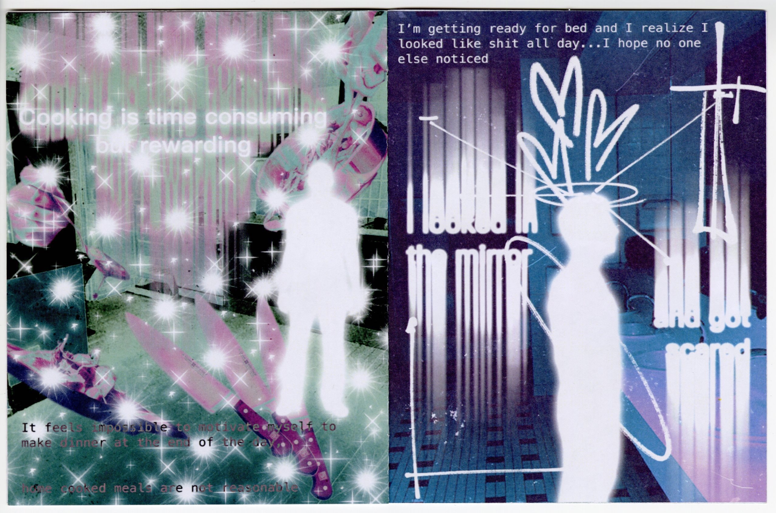 A printed spread photographed flat: on the left “Cooking is time consuming but rewarding” over a green kitchen scattered with star flares and floating knives, on the right “I looked in the mirror and got scared” over a blue bathroom scribbled across in white marker.