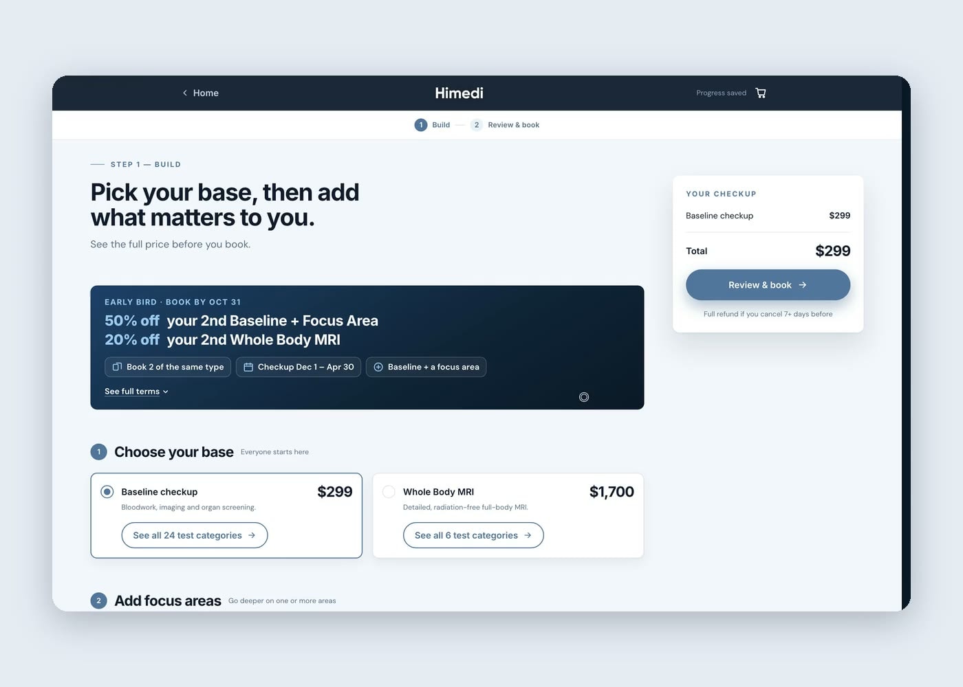 A customer using the checkup builder: switching from Whole Body MRI to the Baseline, adding Heart and Brain, adding two single tests, picking a date and reaching the cart.