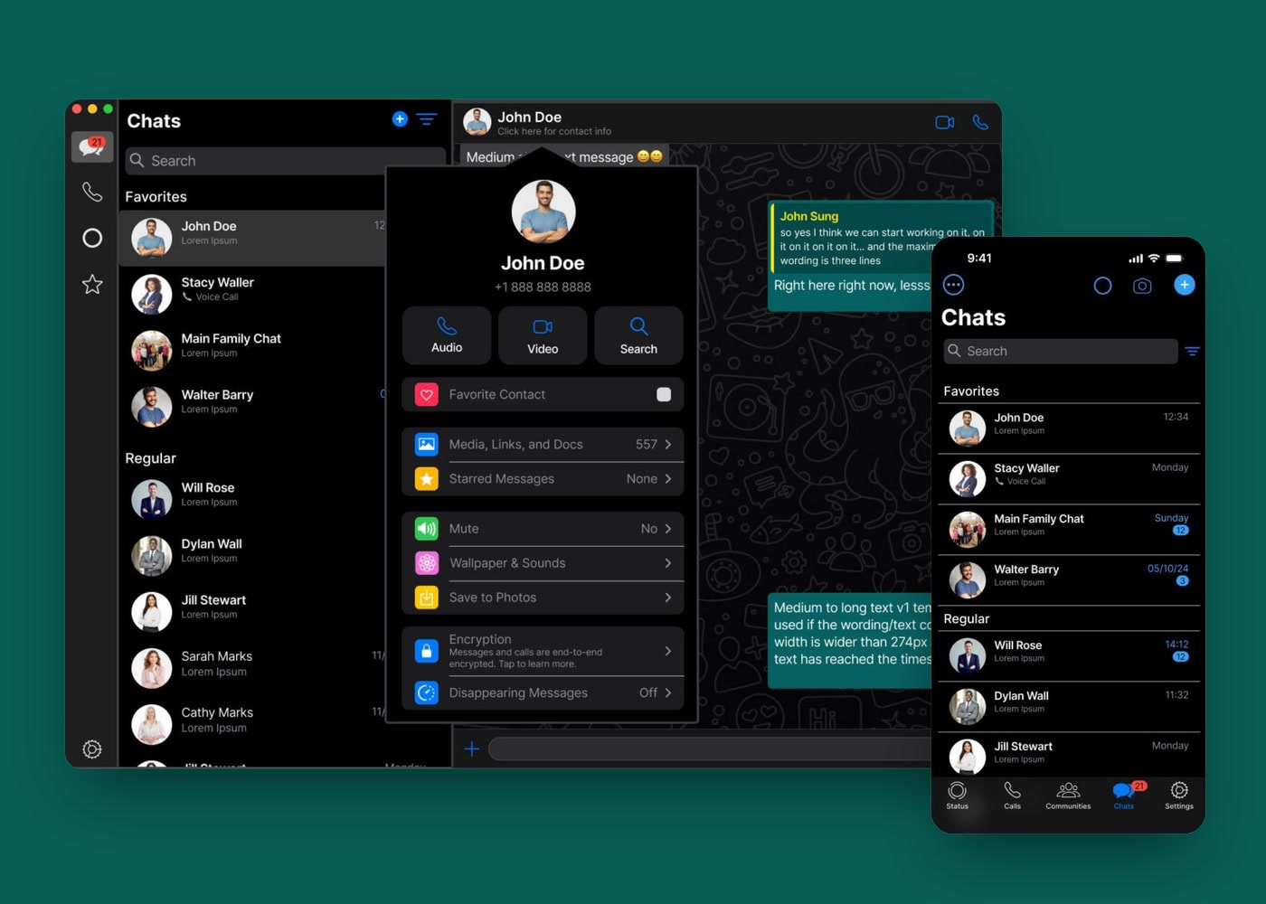 A short loop of the redesigned WhatsApp on a laptop card and a phone card, moving between favorites, search and group priority.
