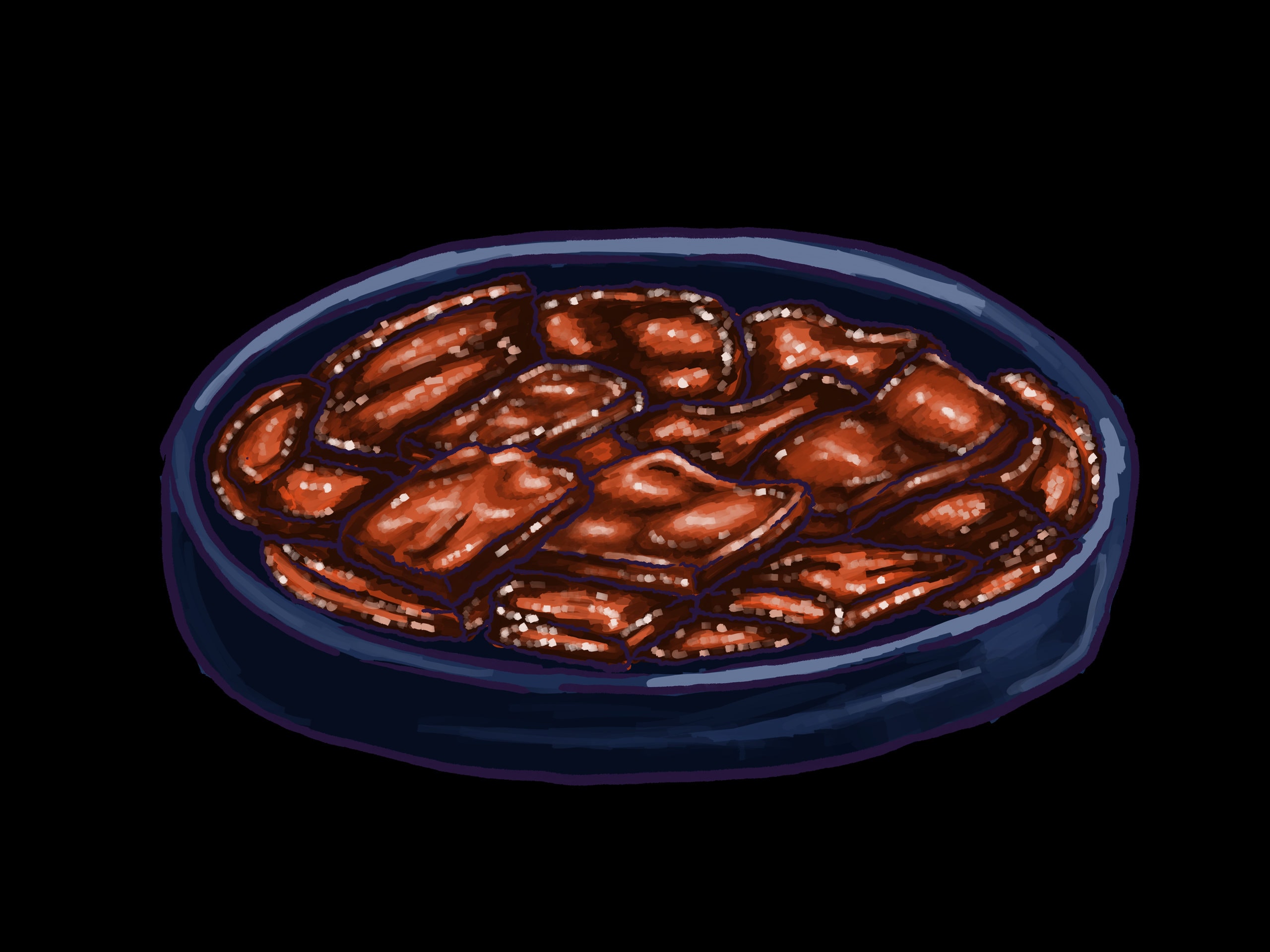 A painted illustration of a dark navy oval dish filled with glossy soy-braised pieces of meat and vegetable, flecked with sesame.