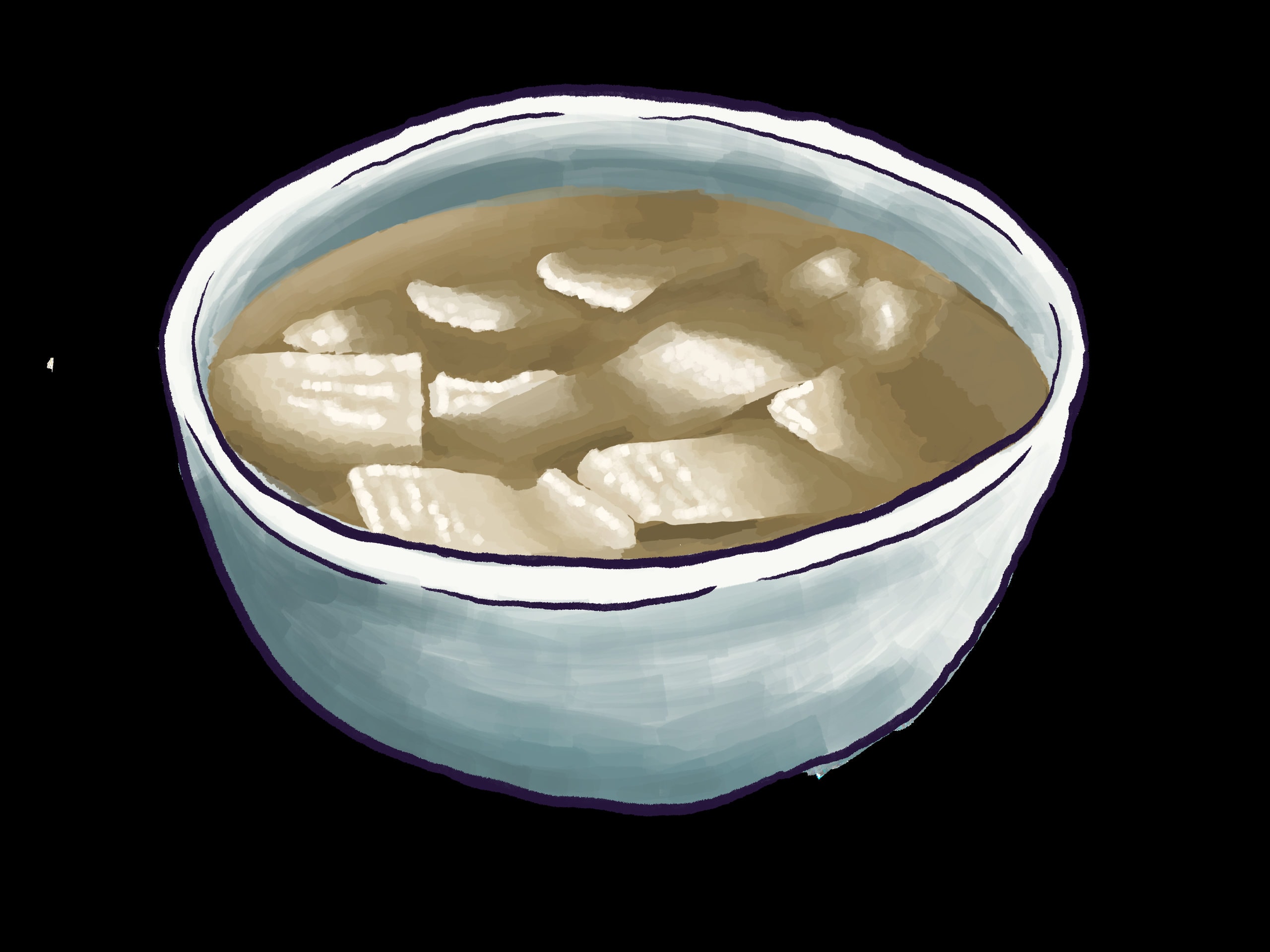A painted illustration of a pale bowl of clear broth holding soft white sliced rice cakes and dumplings.