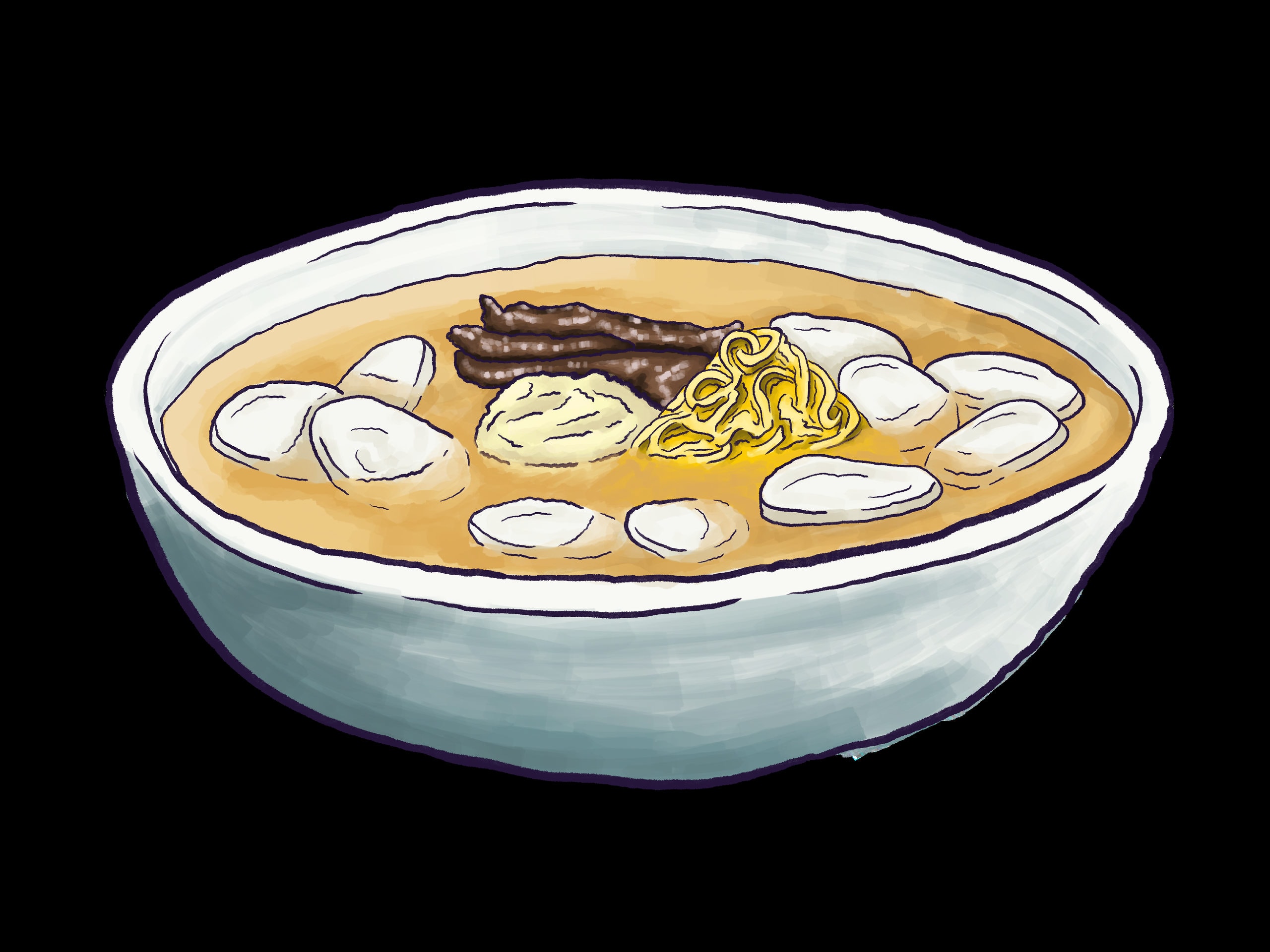 A painted illustration of a wide pale bowl of amber soup holding dumplings, a nest of yellow noodles and a dark tangle of braised strips.