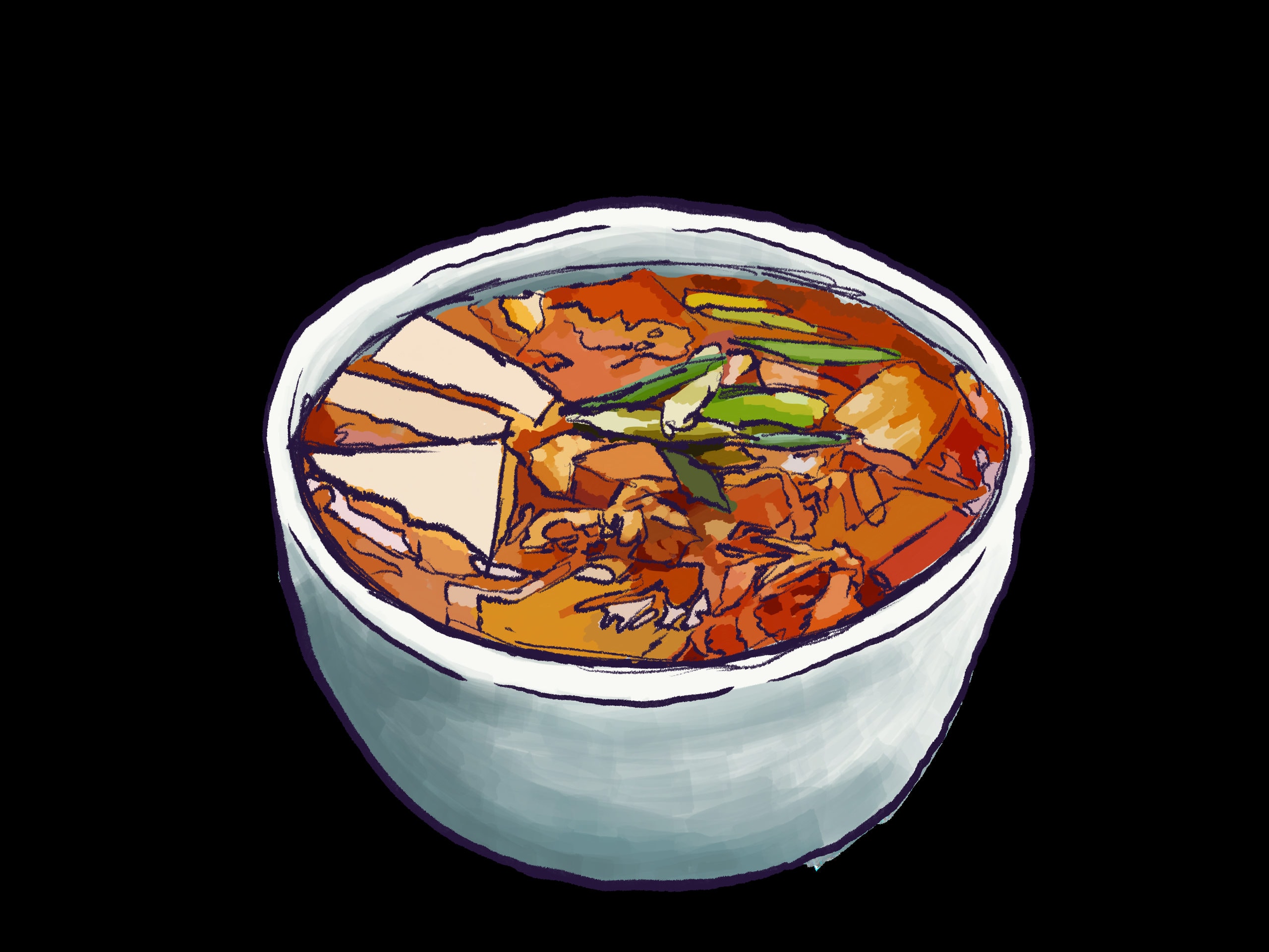 A painted illustration of a pale bowl of red spicy stew with cubes of tofu, sliced chilli and spring onion floating in it.