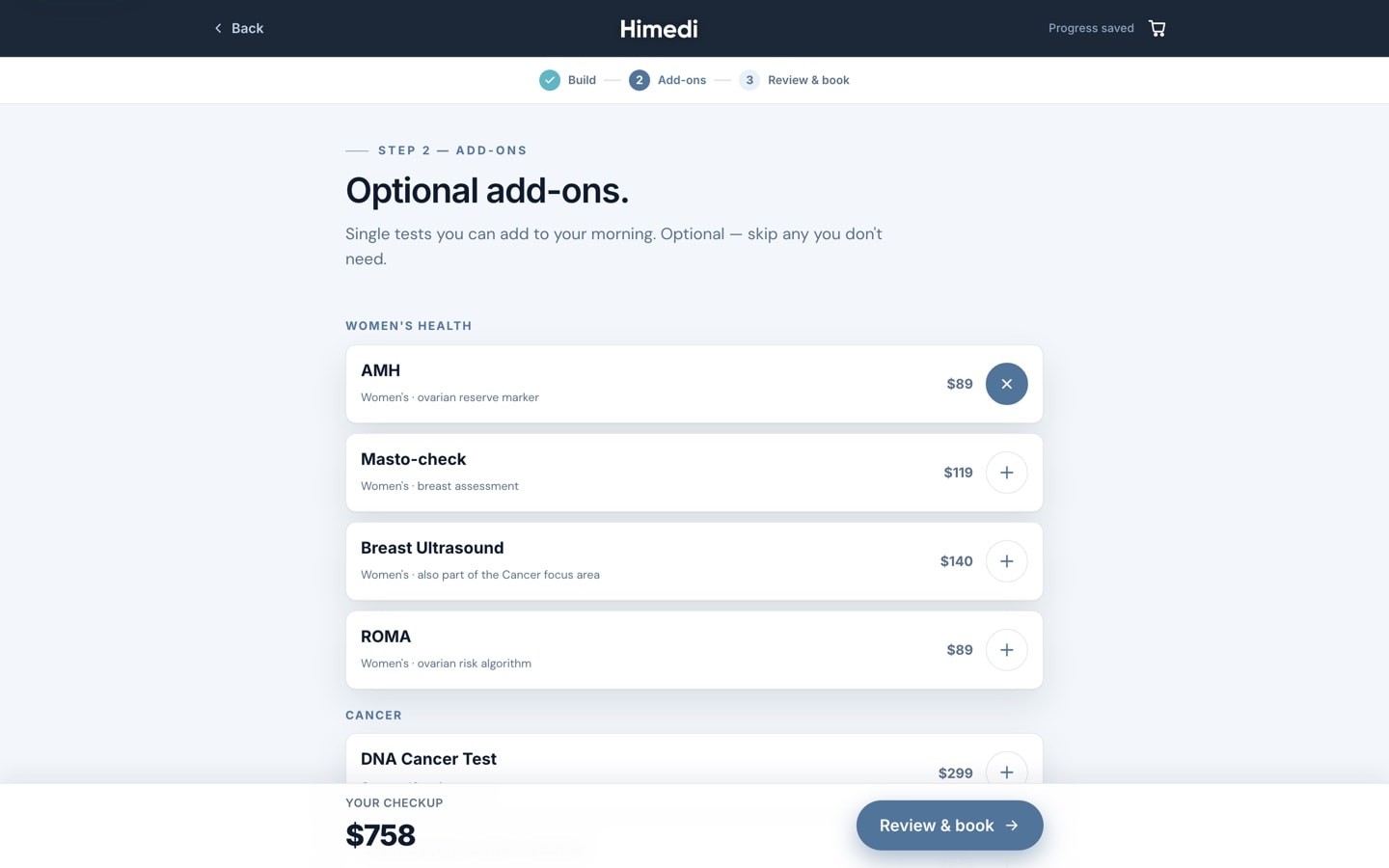 Step 2, optional add-ons, with the first single test toggled on, AMH at $89, and the footer total at $758.