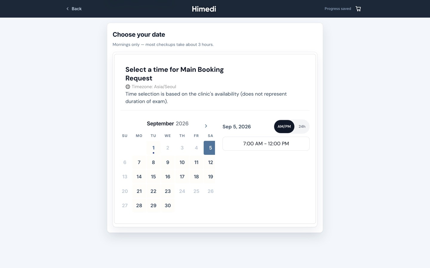 Step 3, review and book, with the inline calendar open and Saturday 5 September 2026 highlighted above a list of morning and afternoon slots.