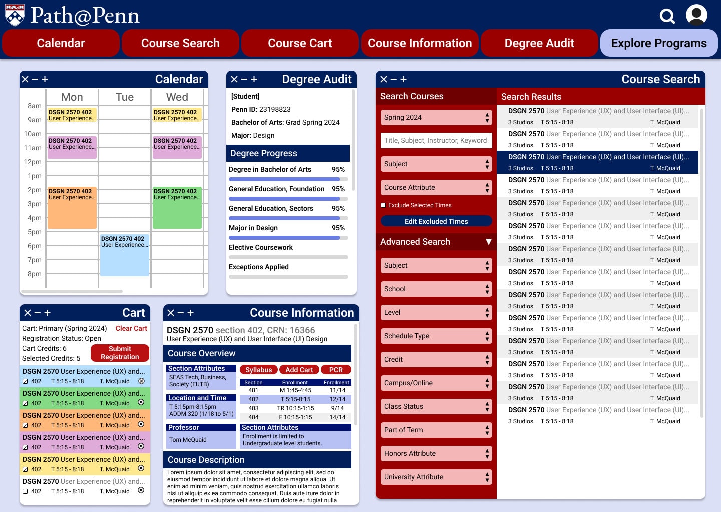 The Degree Audit panel open in the workspace, showing degree progress as percentages against requirements such as Degree in Bachelor of Arts, General Education Foundations, General Education Sectors, Major in Design and Elective Coursework.
