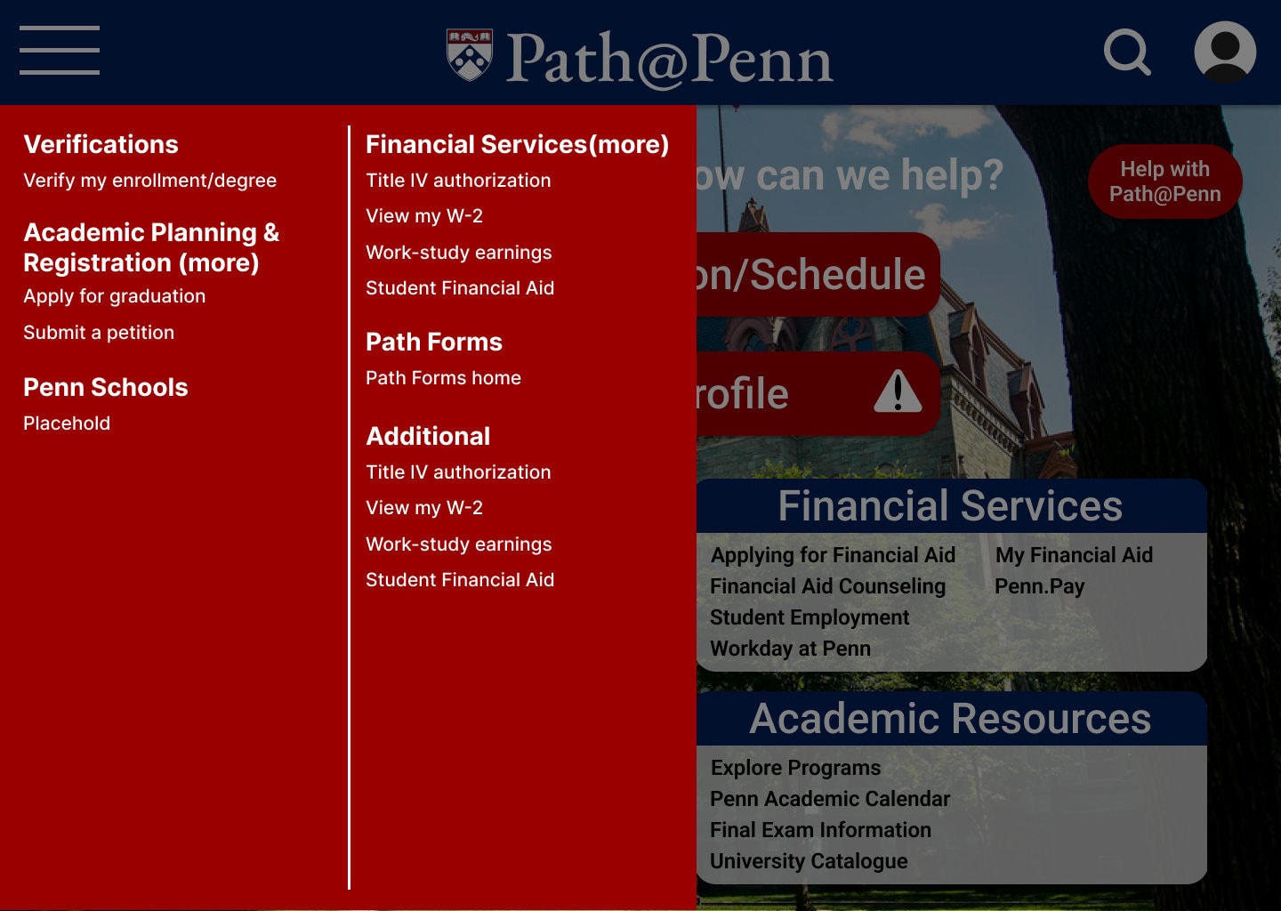 A full-height red mega-menu opened over the welcome screen, listing Verifications, Academic Planning & Registration, Penn Schools, Financial Services, Path Forms and additional links in two columns.