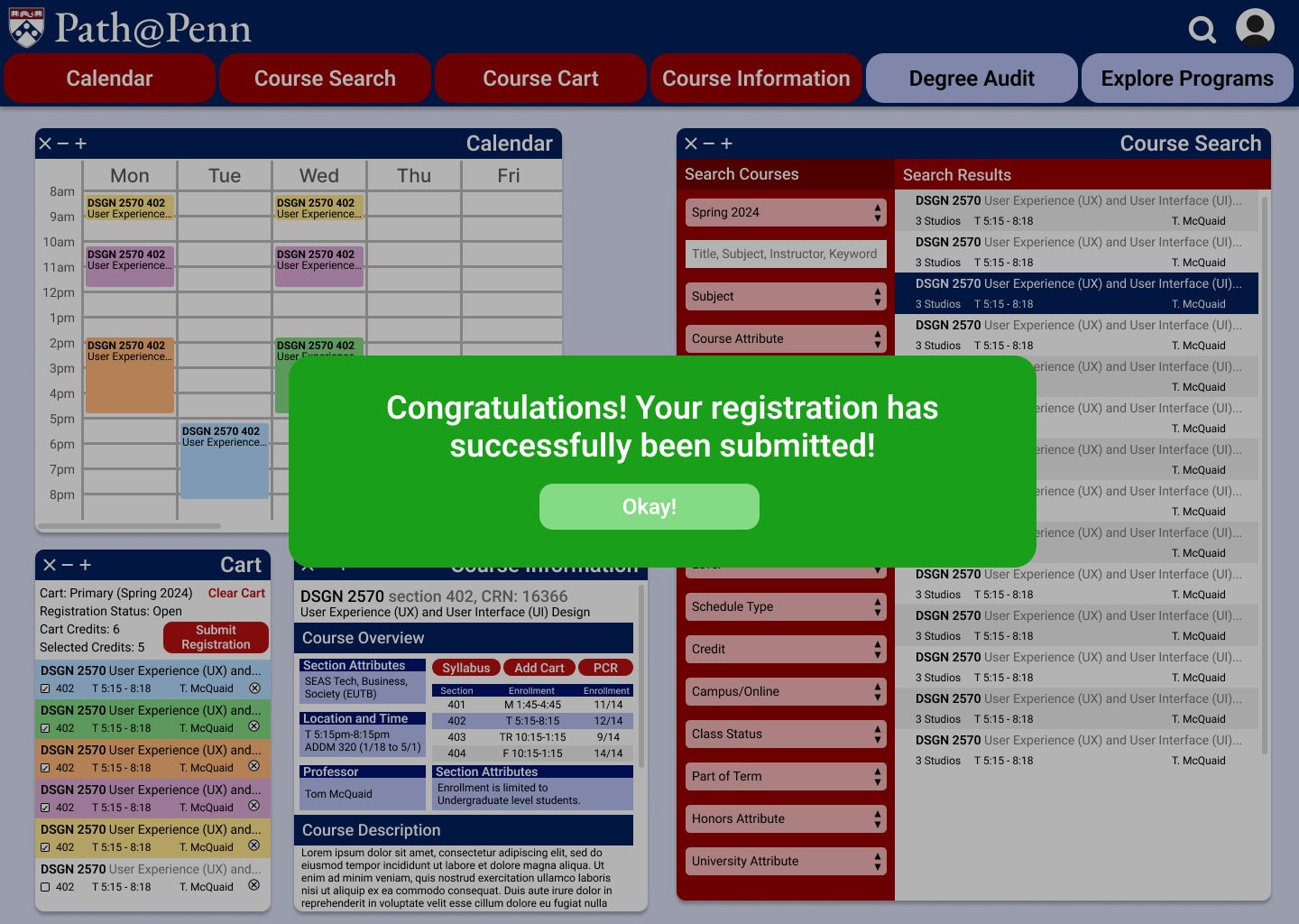 The workspace with a green confirmation banner reading “Congratulations! Your registration has successfully been submitted!” above an Okay! button.
