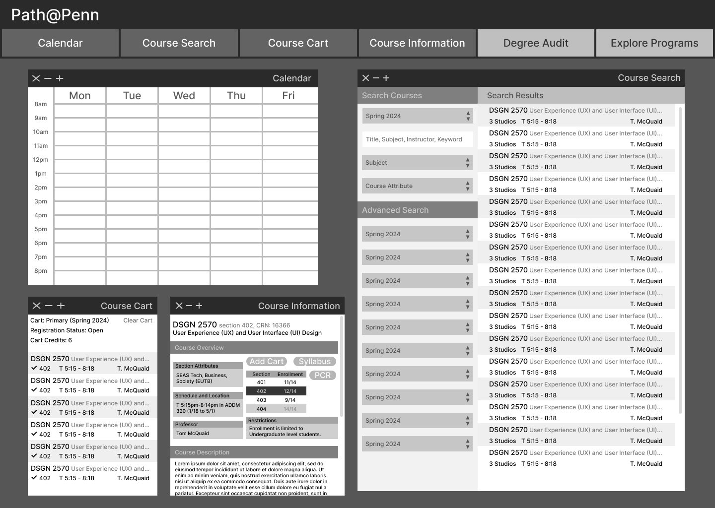 A greyscale wireframe of the multi-window course workspace, showing the calendar, course search results, course cart and course information panels tiled together.