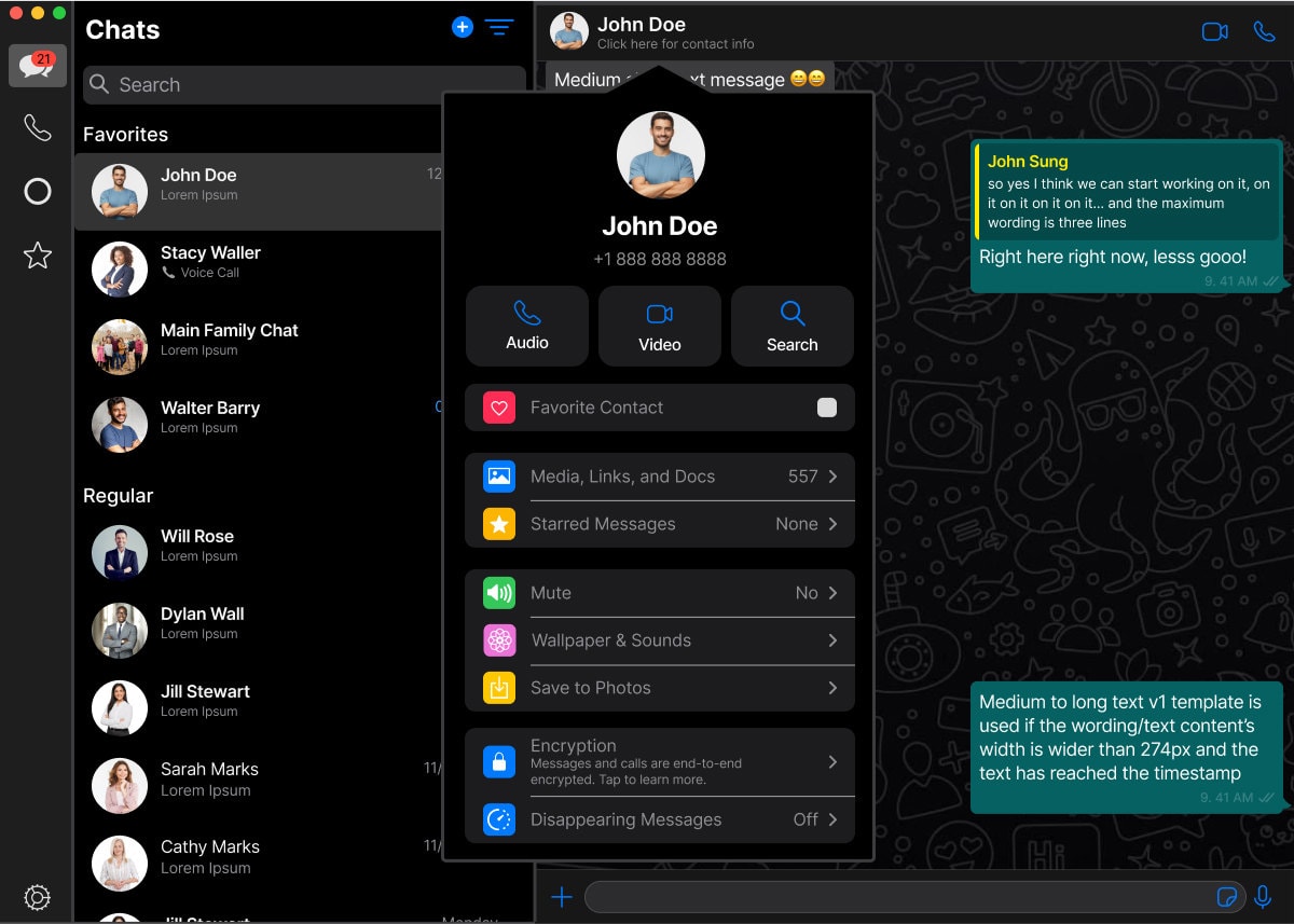 The desktop contact card for John Doe open over the chat list — his photograph, +1 888 888 8888, Audio, Video and Search buttons, and a “Favorite Contact” toggle switch sitting at the top of the settings list.