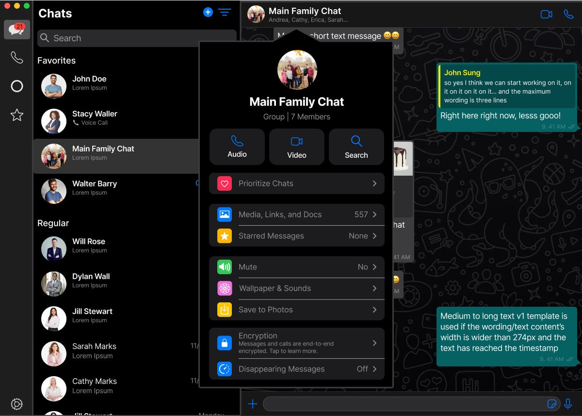 The desktop group card for Main Family Chat before anyone is prioritised: the group photograph, “Group | 7 Members”, Audio, Video and Search buttons, then “Prioritize Chats” as the first row, above Media, Links and Docs at 557 and Starred Messages at None.