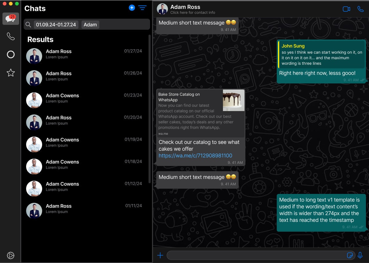 The desktop search carrying two filters at once — a date-range chip reading 01.09.24-01.27.24 and a name chip reading Adam — returning Adam Ross and Adam Cowens dated between 01/11/24 and 01/27/24, with Adam Ross's conversation and its bakery catalogue card open on the right.