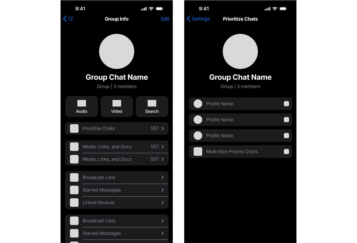 Two dark-mode phone screens for group chats: a Group Info page for a three-member group, and a “Prioritize Chats” screen listing profiles with a checkbox beside each and a “Mute Non-Priority Chats” option.