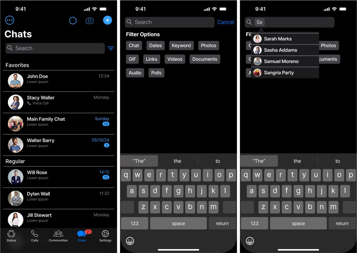 Three dark-mode phone screens: a Chats list divided into Favorites and Regular, a Filter Options panel offering Chat, Dates, Keyword, Photos, GIF, Links, Videos, Documents, Audio and Polls, and a search narrowed to named contacts shown as removable chips.