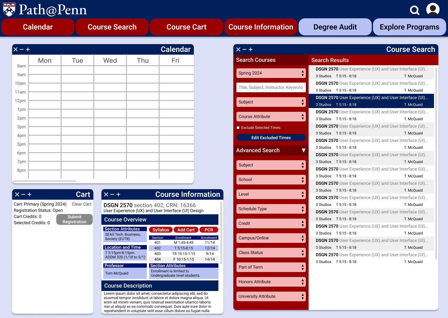 The workspace with Course Information open for DSGN 2570, beside the Course Search filters and results.