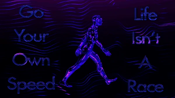The same walking loop in its clean digital form: a blue and violet figure striding across a near-black field ruled with wavy lines, with “Go Your Own Speed” and “Life Isn’t A Race” in blue outlined type on either side.