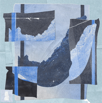 The Instagram advertisement, animated: a square torn-paper collage in blues and charcoal whose pieces shift while the Portuguese proverb “Água mole em pedra dura, tanto bate até que fura” slides across the top, “New Museum 2021 Trienial” and the run Oct. 21 2021 – Jan. 23 2022 wipe in, then “Soft Water Hard Stone” takes the middle before the type clears and it starts again.