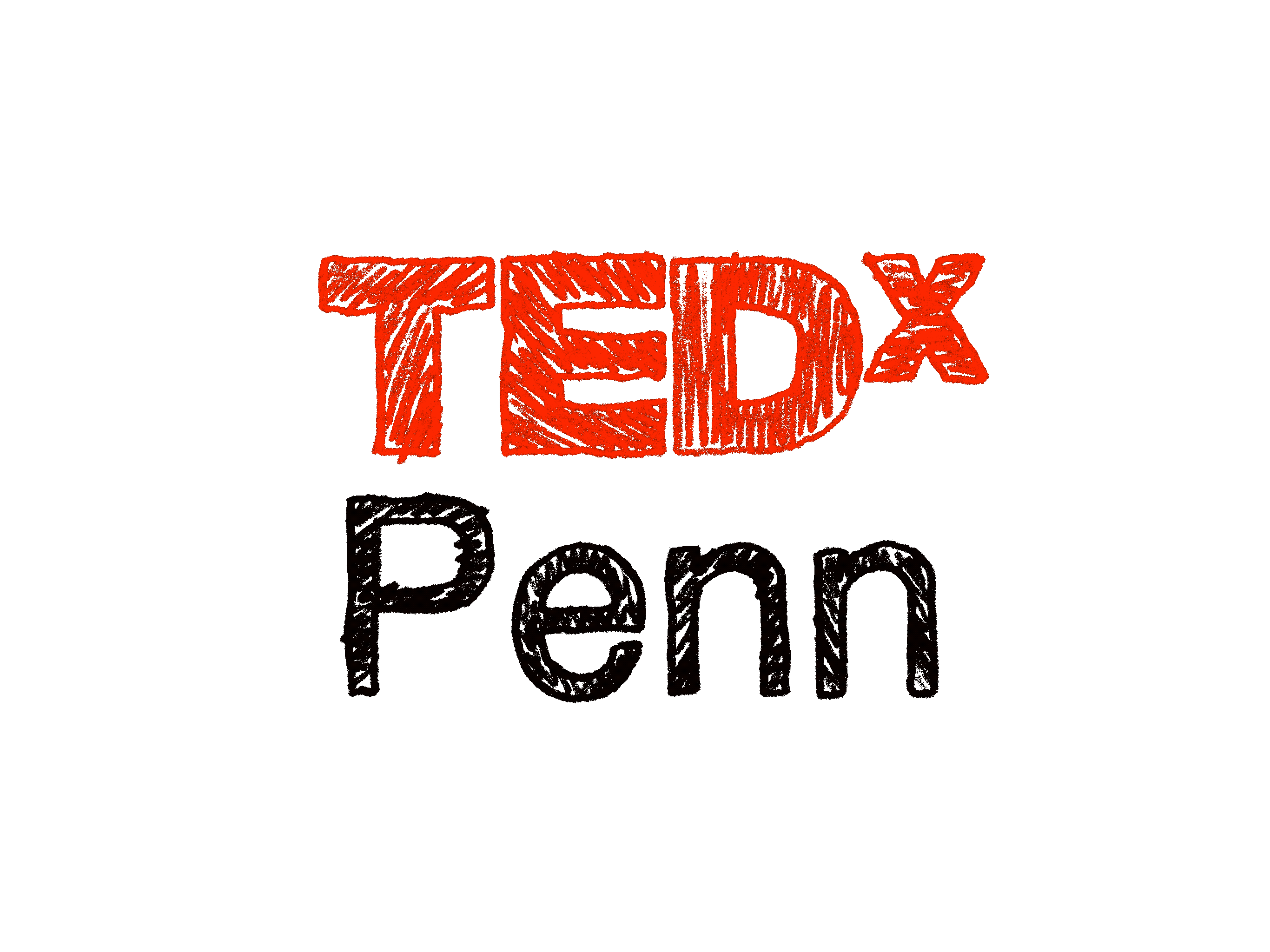 An animated TEDxPenn lockup in which the red “TEDx” and black “Penn” letterforms are drawn in a rough sketched fill that keeps redrawing itself.