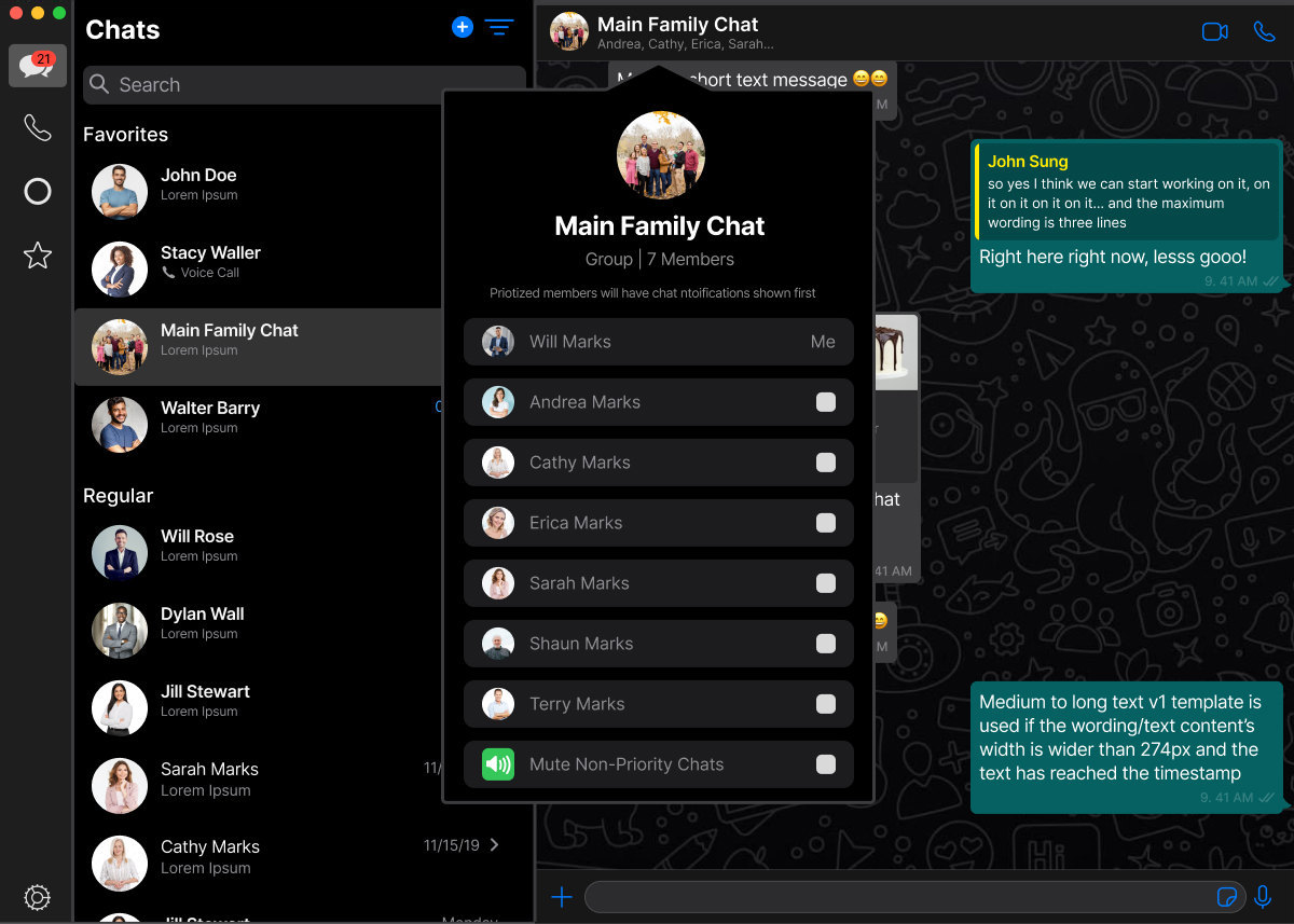 The desktop group card for Main Family Chat listing every member with a checkbox to prioritize, and Mute Non-Priority Chats last.