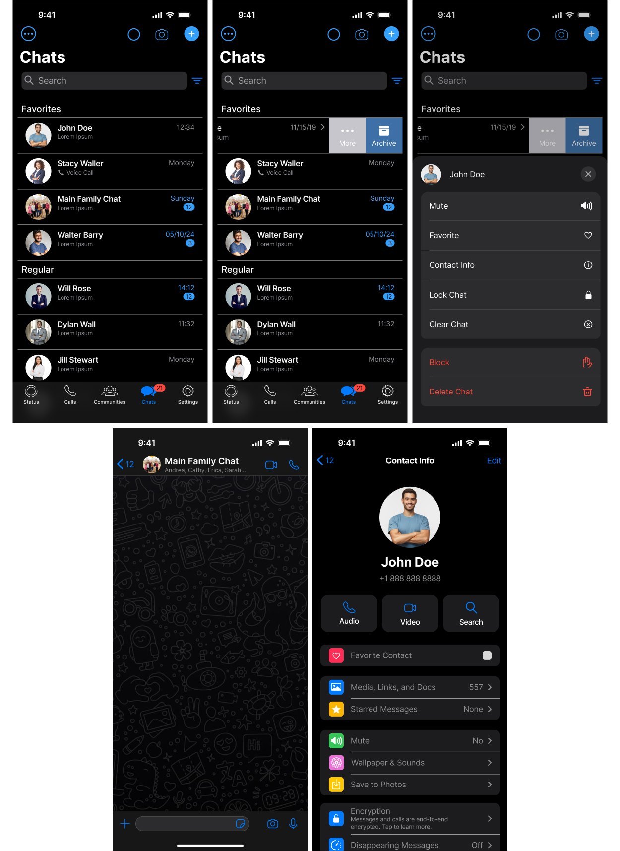 Five phone screens for the favorite system: the list split into Favorites and Regular, a row swiped open, its menu with Favorite, an empty chat, and a contact page with a Favorite Contact toggle.
