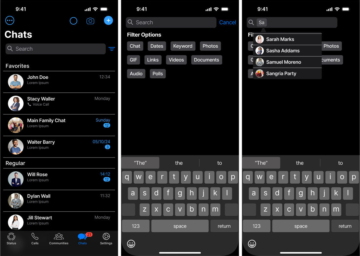 Three dark-mode phone screens: a Chats list divided into Favorites and Regular, a Filter Options panel, and a search narrowed to named contacts shown as removable chips.